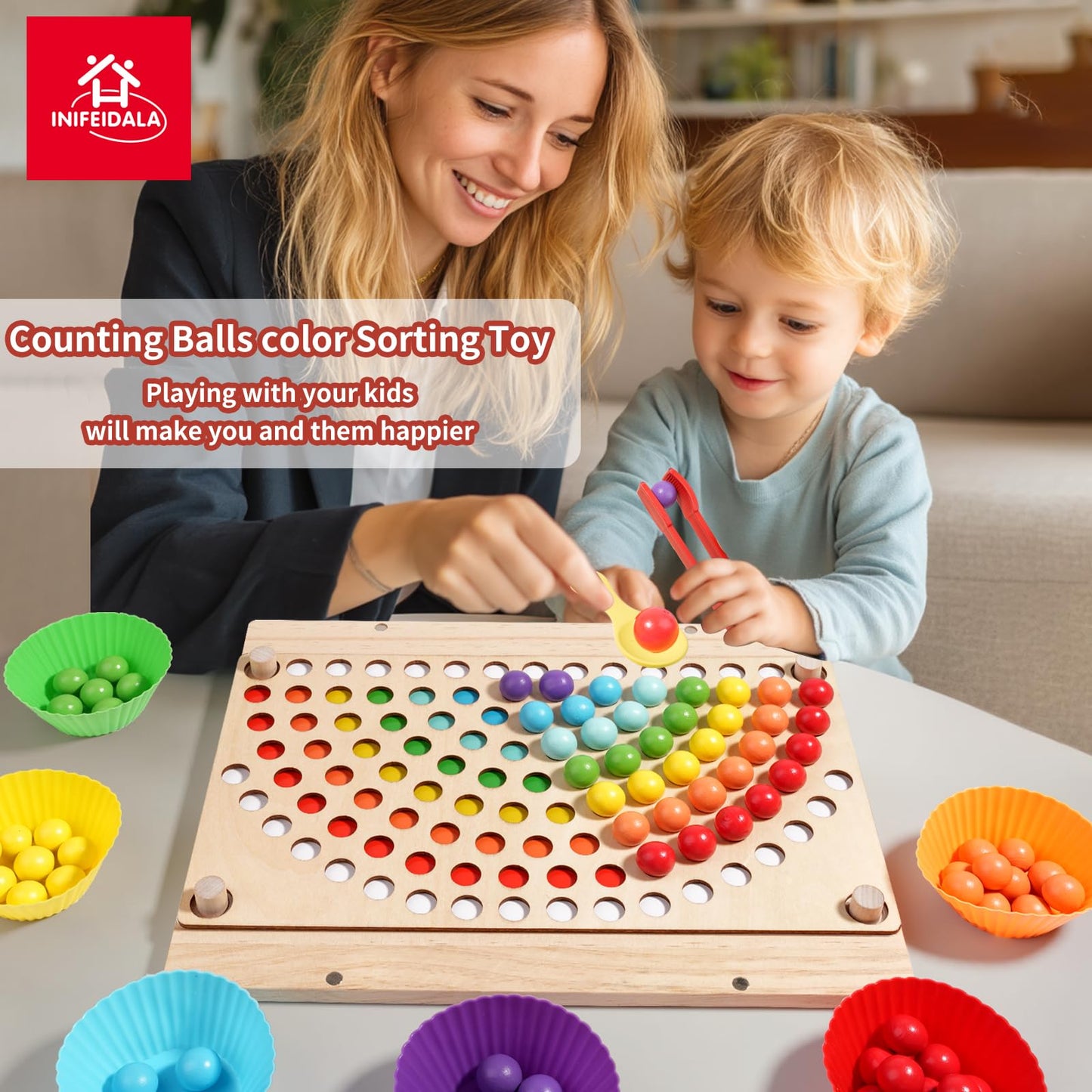 INIFEIDALA Montessori Toys for 3 4 5 Year Old,Stacking Blocks,Lacing Beads & Shape Stacker,Wooden Beads Sequencing Toy Set,Fine Motor Skills & STEM Preschool Learning Gifts for Toddlers Boys & Girls