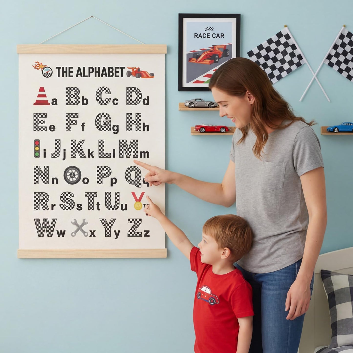 Fuyoooo Race Car Alphabet Posters Room Decor Cars Abc Poster Banner Educational Wall Art Posters with Hanging Wooden Frame 12 x 16 in for Preschoolers Kids Playroom Boys Nursery Bedroom