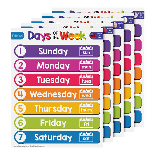 7 Days of the Week Chart for Preschool to Grade 1 Kids – Bright Colorful Educational Visual/Learning Aid Poster Decoration for Classroom or Home | Glossy Durable Cardstock | 8.5" x 11" | 5 per Pack