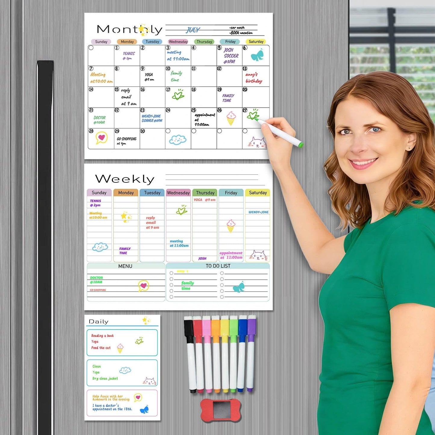 Hivillexun Magnetic Dry Erase Calendar for Fridge - 3 Pack Monthly, Weekly & Daily Planner Set (14"x11"), Includes 8 Ultra-Fine Tip Magnetic Markers & Large Bone Eraser, Reusable Whiteboard