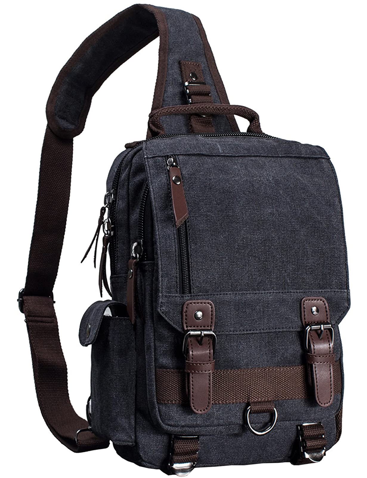 mygreen Crossbody Bag, Canvas Chest Leather Messenger Bag with One Strap Sling for Travel and Hiking (Large, Black)