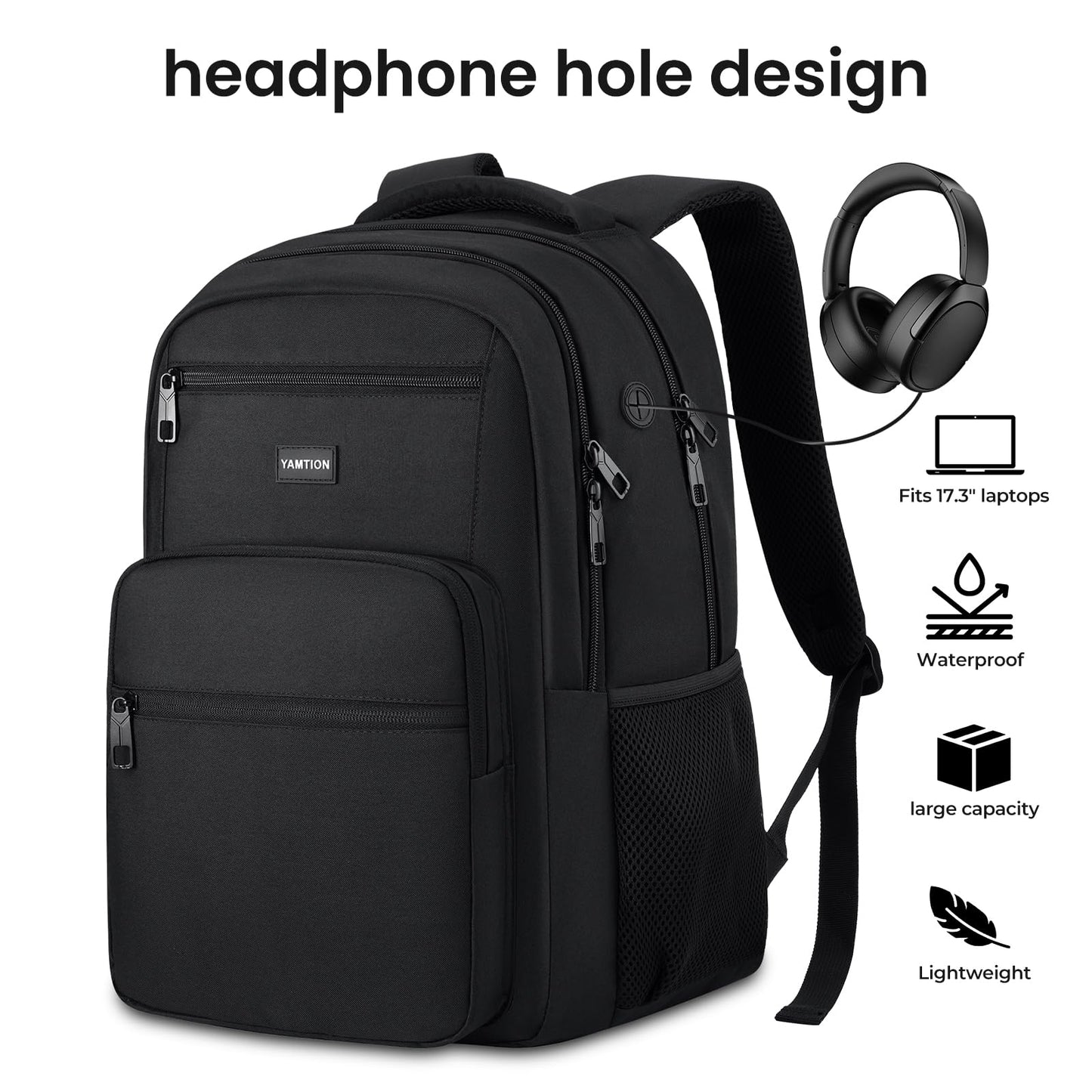 YAMTION Laptop Backpack for Men and Women, Black Backpack, School Backpack for Boys and Girls, Bookbag, Work Backpack Fits 15.6 Inch Laptop and Notebook