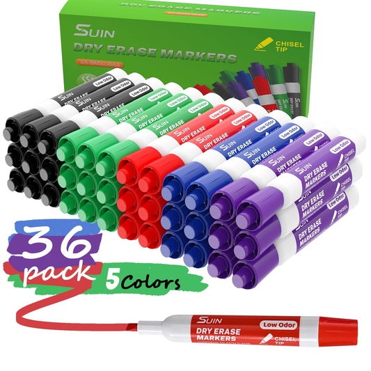 SUIN Dry Erase Markers, Chisel Tip Whiteboard Markers, Low Odor White Board Markers, Chisel Tip Marker, Whiteboard Marker, Assorted 5 Colors, 36 Count