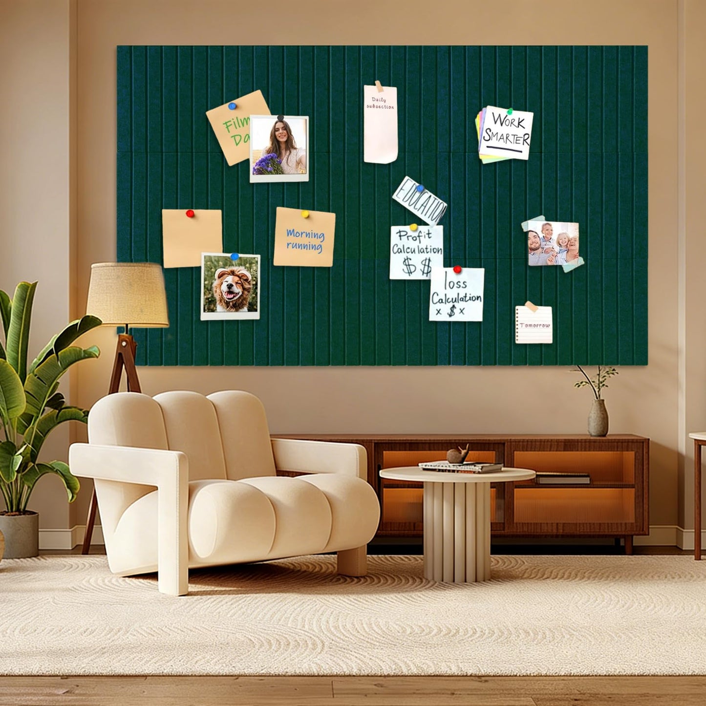 15 Pack Felt Bulletin Board, 35" x 59" Large Dark Green Pinboard with 30 Push Pins, Felt Pin Board, Self-Adhesive Cork Board Tiles for Home, Office Walls, School Classroom Message Photos Display