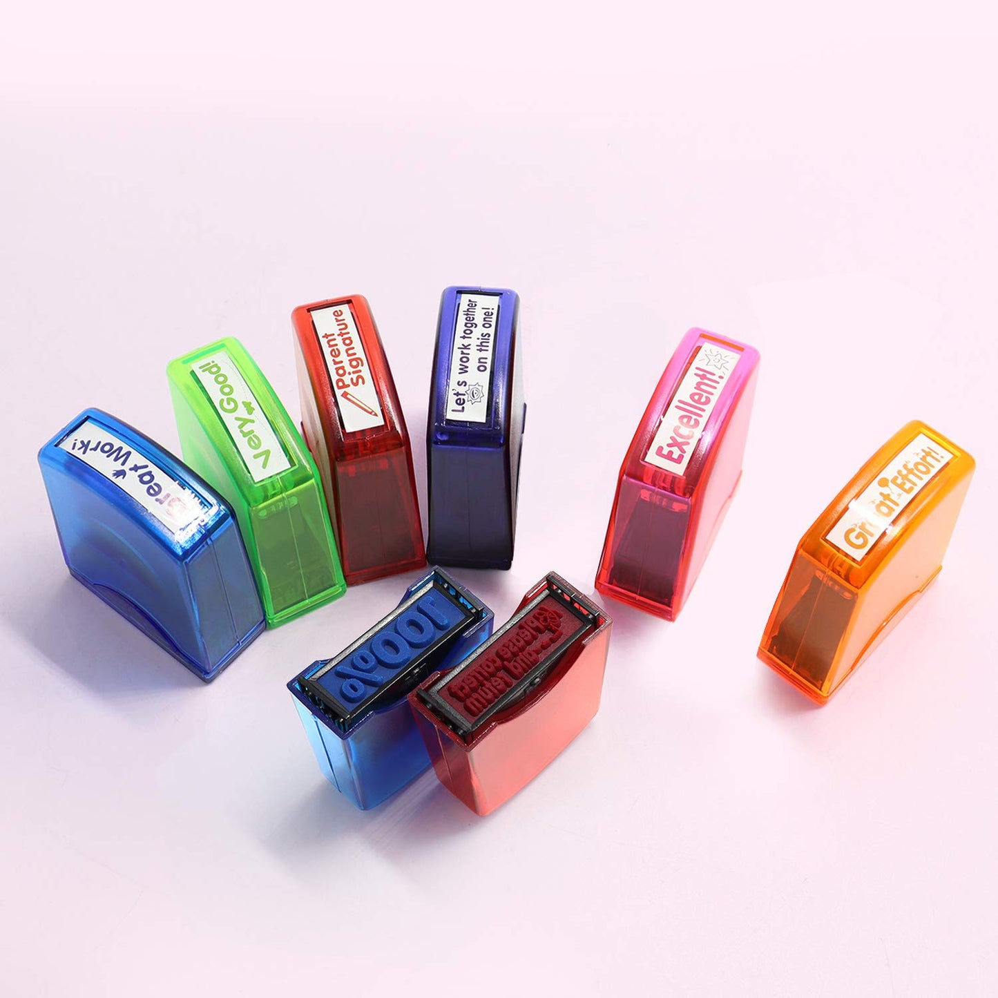 RELIANCER 8PCS Teacher Stamp Set,Colorful Self-Inking Motivational Classroom Stamper for Grading,Encouraging Rating Stamp Student,Parent Signature Stamps for Homework,School Homeschool Reward Supplies