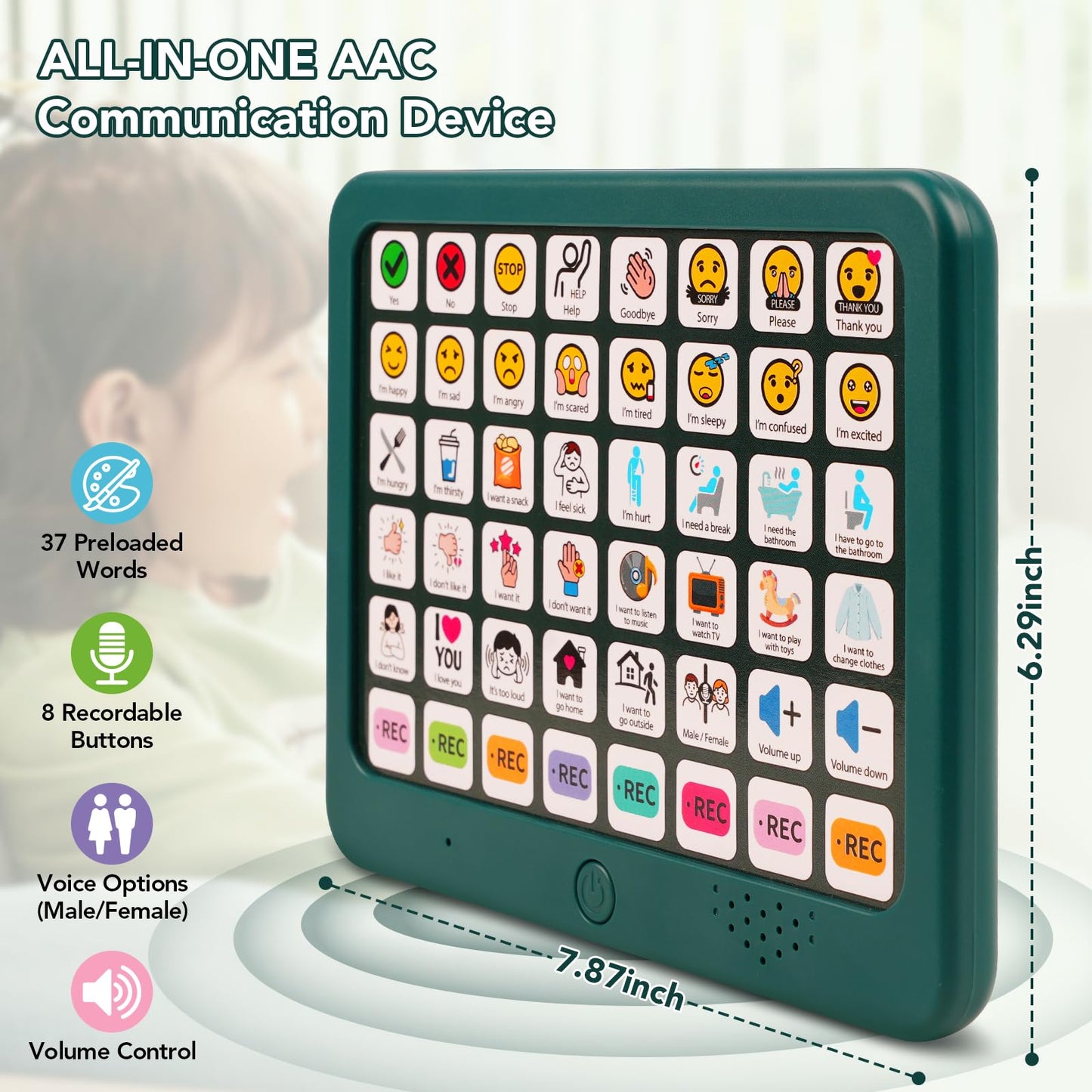 SKDTAZRZ AAC Device for Autism & Nonverbal Kids and Adults, 37 Preloaded Buttons + 8 Recordable Keys, Communication Board for Speech Therapy & Special Education, Home & School Use, Male/Female Voice