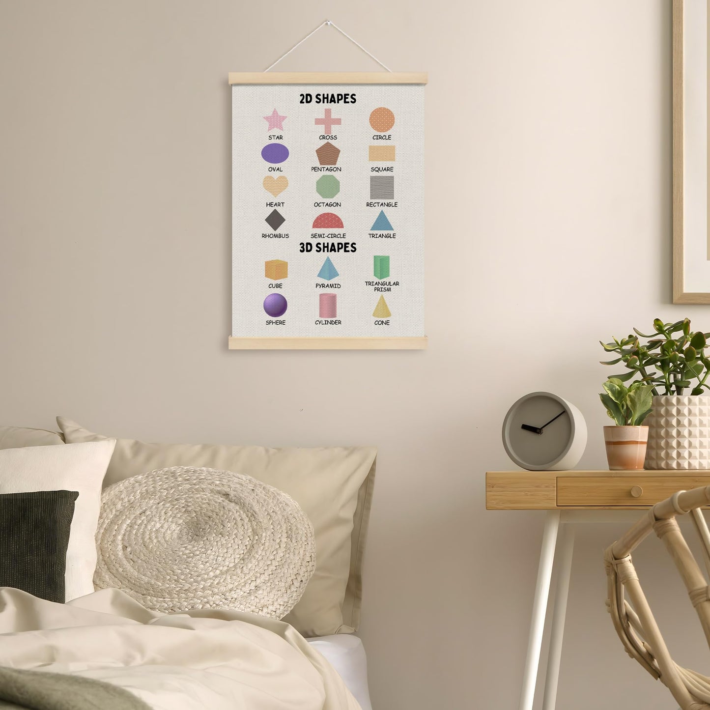 MOTERMATE 2D 3D Shapes Classroom Wall Art Poster for Teaching, Boho Toddler Room Decor, Learning Educational Poster Hanger Frame for Toddlers, Preschool Playroom Wall Hanging Banner Decor,12x16 Inch