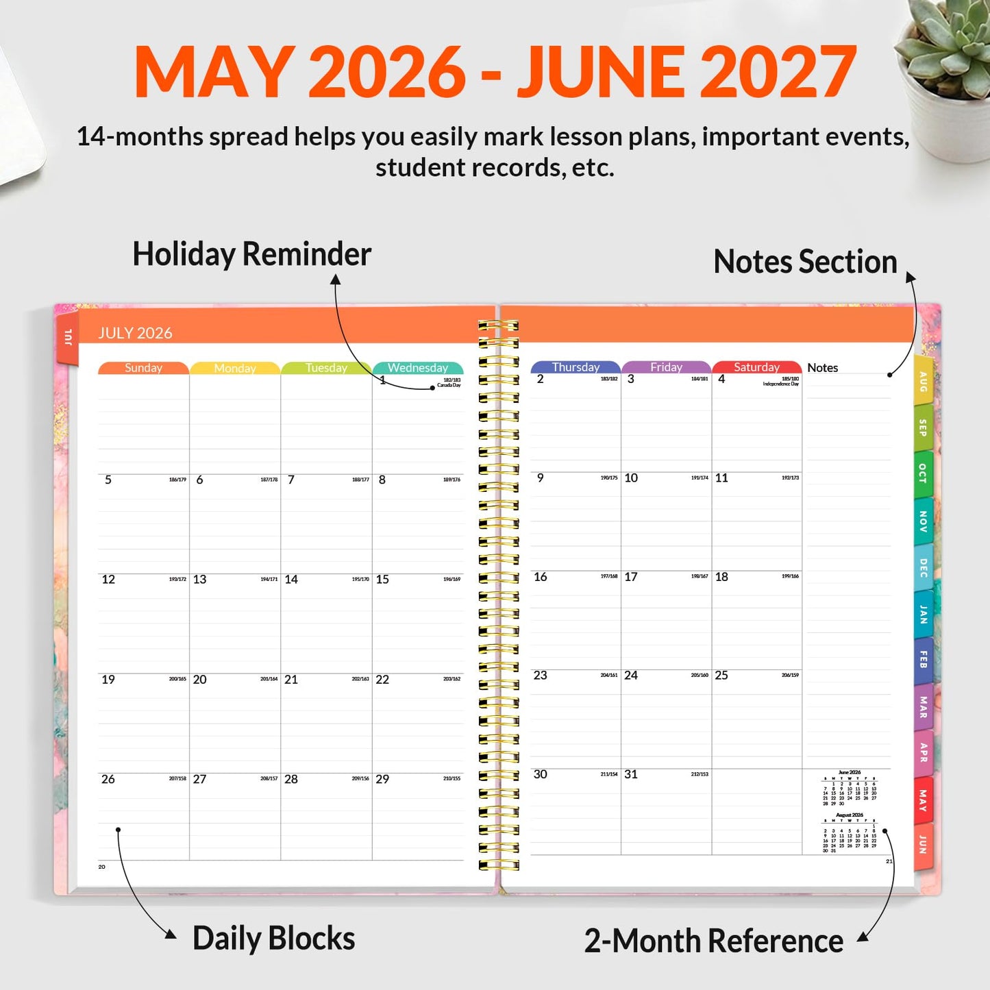 SUNEE Teacher Planner 2026-2027 Academic Year, Lite Lesson Planner Book with 7 Periods Jul 2026 - Jun 2027, 8.5"x11" Daily Weekly and Monthly Organizers, Plan Book with Pocket, Color Tabs, Pink Marble