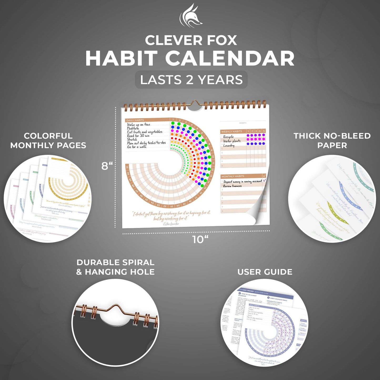 Clever Fox Habit Calendar Circle – 24-Month Inspirational Daily Habit Tracker with Colorful Pages – Routine & Goal Planner Journal (Black)