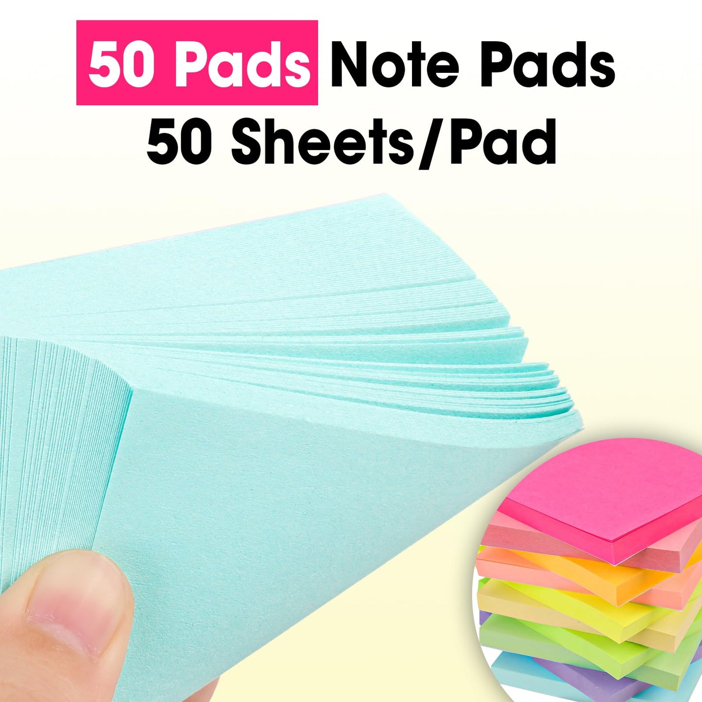 50 Pads Sticky Notes 3x3, Self-Stick Pads Bulk Bright Colors, School Supplies, Office Products, 50 Sheet/Pad
