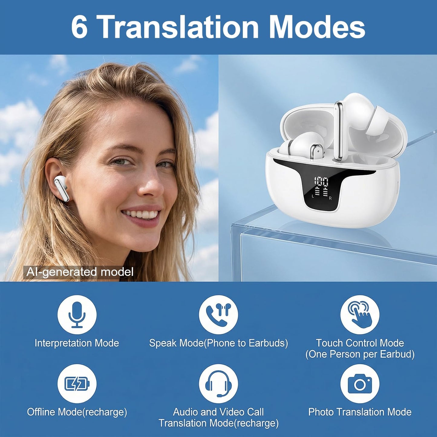 Oziral Real-Time Translation Earbuds: AI Translator with 150+ Languages, Offline Mode & Bluetooth 5.3, Supports Speaker Mode, Touch Control, AI Chat & Hi-Fi Music for Travel & Business Use