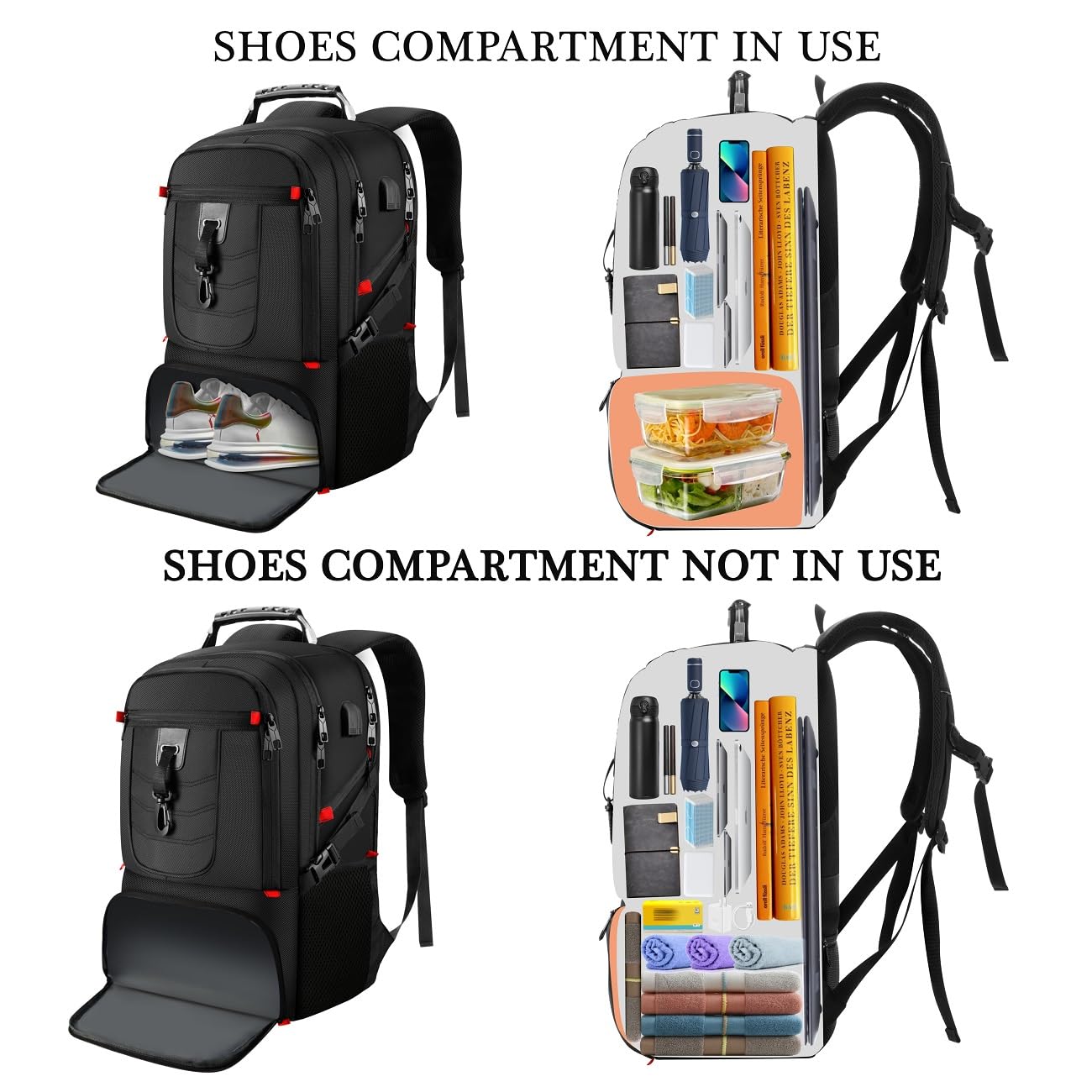 VESERI Travel Business Laptop Backpack for 18.4in PC with Shoe Compartment USB Charging Port,Sport Gym Bag for College Hiking Camping,Waterproof School Bookbag for Men Women Boys,Black