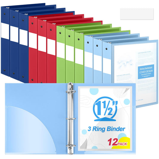 Henoyso 1.5 Inch 12 Pcs 3 Ring Flexible Colored Binders with Clear Front Cover and 2 Pockets, 8.5 x 11 Plastic Soft Bendable Binders Colorful for School Office, Hold 350 Sheets (Bright Colors)