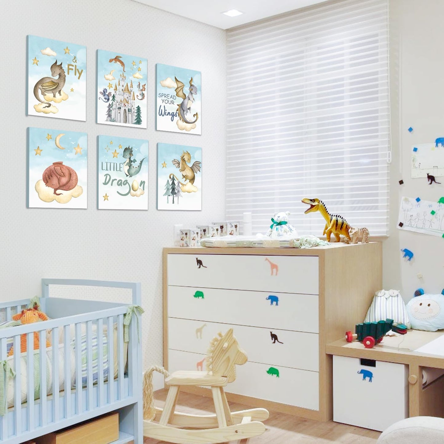 CHDITB Dinosaur Canvas Wall Art Nursery Wall Decor, Set of 6(8x10 inch) Cute Dream Dinosaur Cub Framed Art Prints, Baby Dinosaurs Cartoon Castle Animals Poster For Children's Boy Kids Room Bedroom