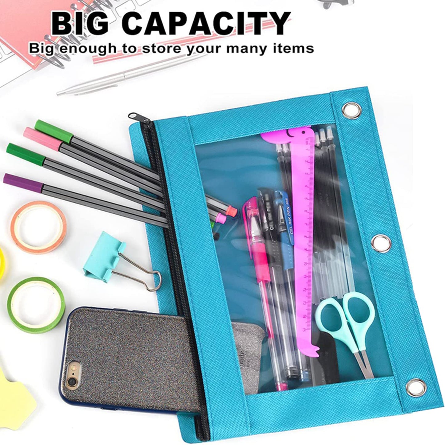 TOPWOOZU Pencil Pouch 3 Ring, Zipper Pencil Pouches Case Binder Cosmetic Bag Black 2 Pack