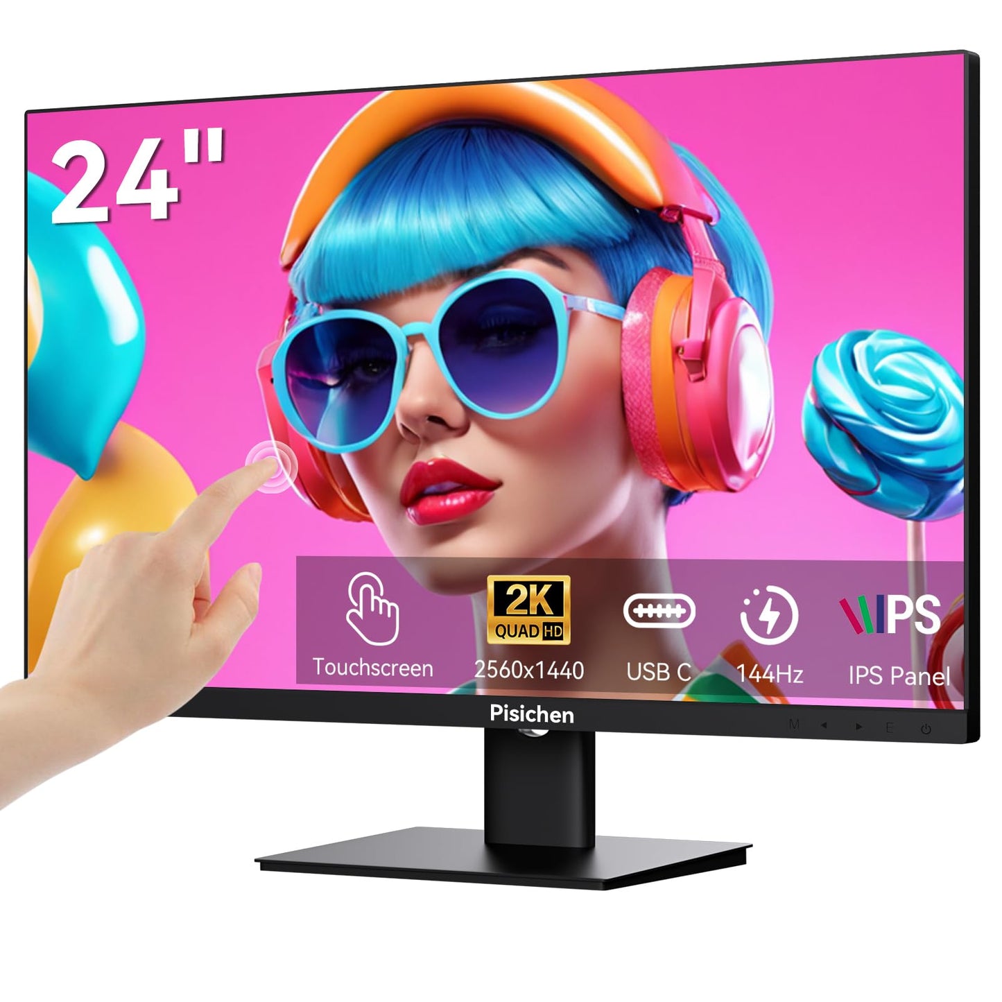 Pisichen Touchscreen Monitor 2K 144Hz 23.8 Inch QHD 2560x1440P Computer Monitor USBC HDMI DP Ports Eye Care Frameless VESA Mount