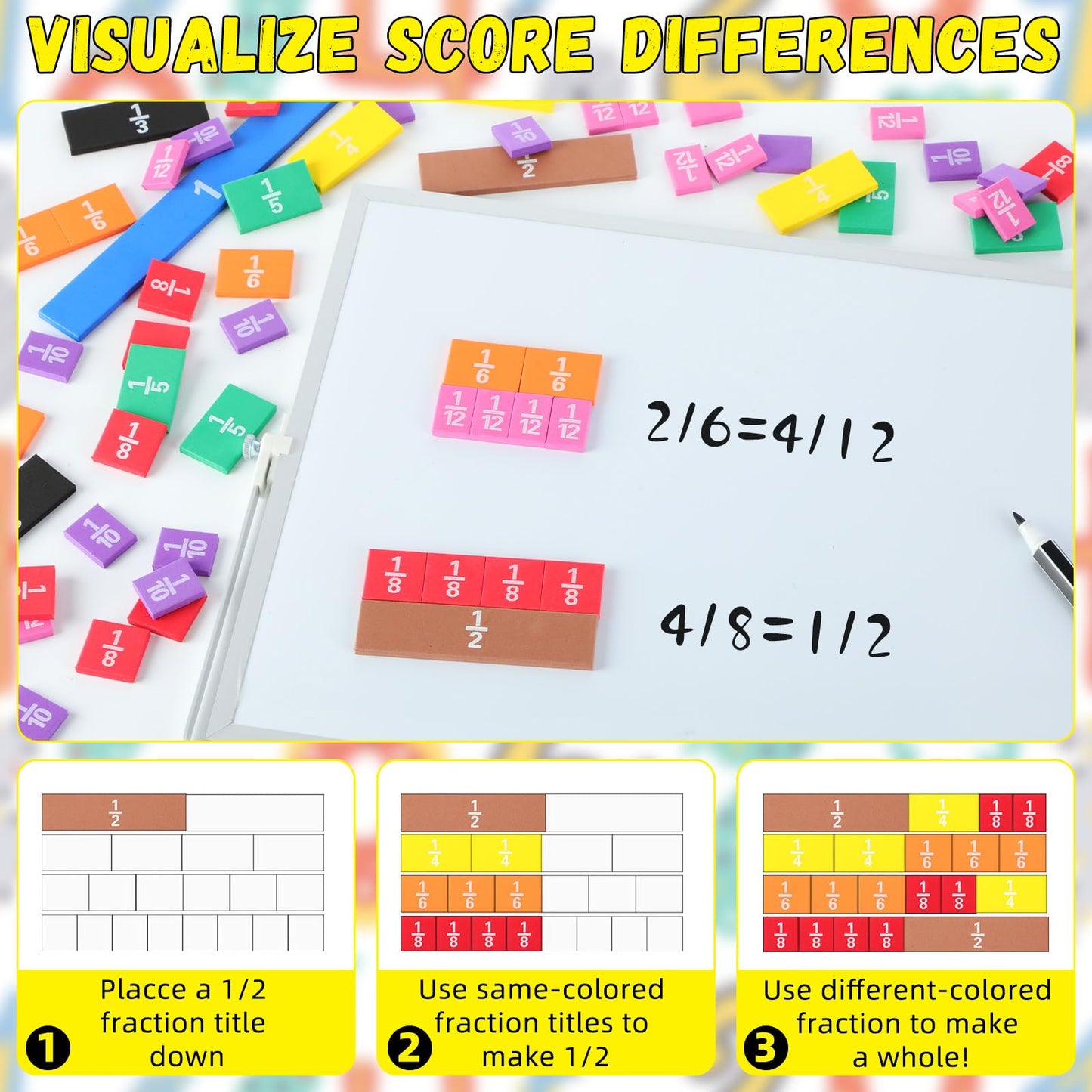 Sayglossy 60 Sets Fraction Tiles Set for Math Classroom Fractions Manipulatives Math Learning Manipulatives for Home School Supplies