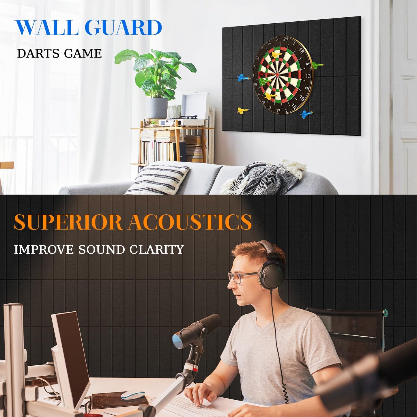 DOLLAR BOSS Felt Cork Board Tiles, 6 Packs 12" x 12" 1/2" Thick Bulletin Board Adhesive Acoustic Panels Soundproof Corkboards for Walls with 60 Pushpins for Home Office Kitchen School, Black Stripe