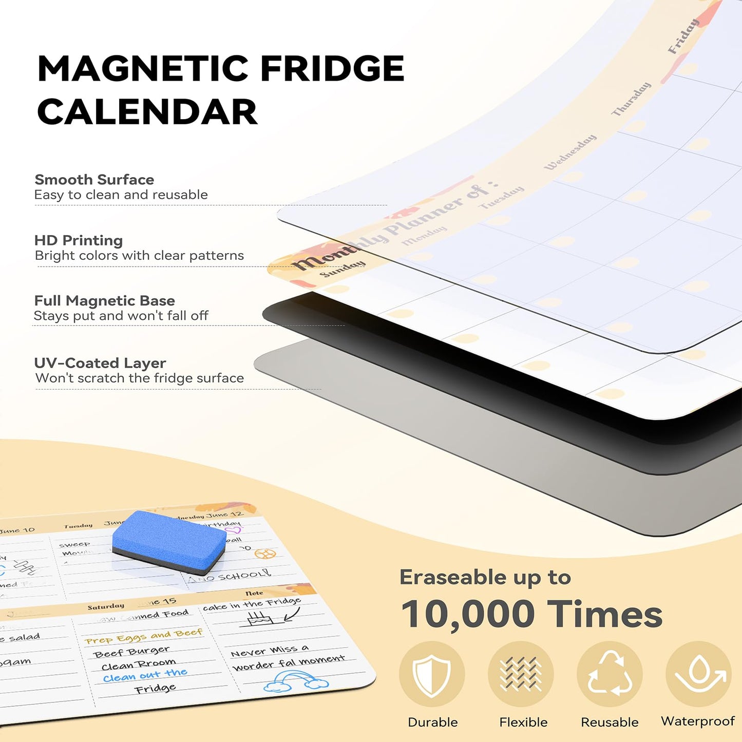 Marsrock Dry Erase Magnetic Calendar for Refrigerator (3 Pack) - Monthly & Weekly & Daily Planner Magnet Whiteboard for Fridge - Shopping, to Do List, Meal/Menu, Planning Board, 14"x11", Yellow