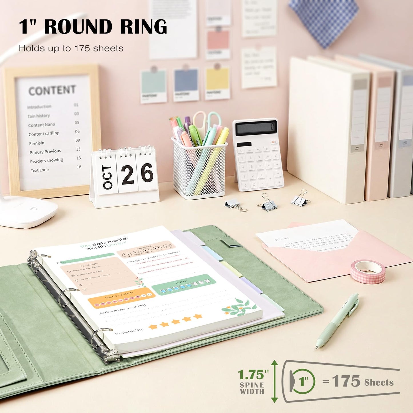 Ospelelf Leather 3 Ring Binder for Letter Size Documents with Pocketed Dividers, 1 Inch Round Rings, Holds 175 Sheets, Binders with Storage Bag & Notepad, for Office School Home Organization, Green
