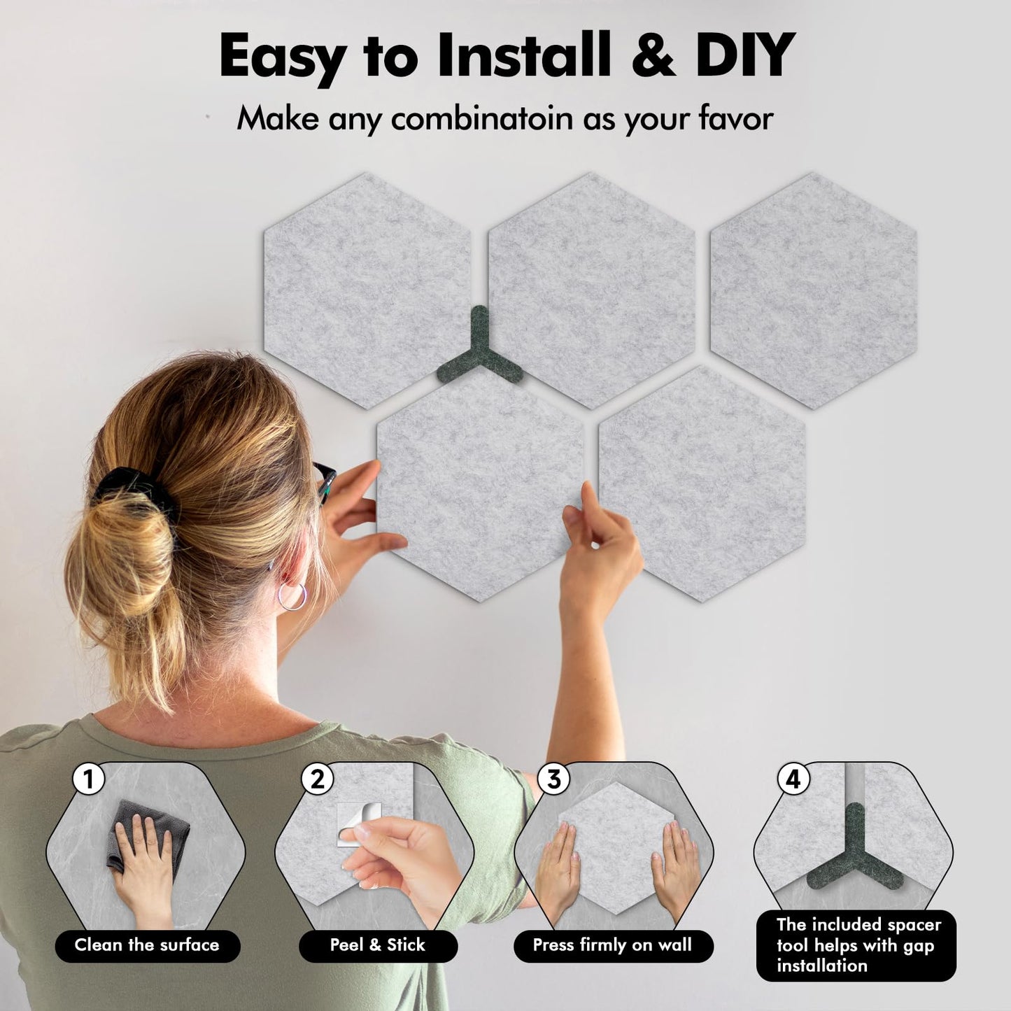 ANLIOTE 8-Pack Hexagon Felt Cork Board, 1/2" Thick Felt Bulletin Pinboard with 80 Push Pins, Adhesive Tabs, Geometric Cork Wall Tiles for Photos, Memos, Home & Office Decor (Light Grey)