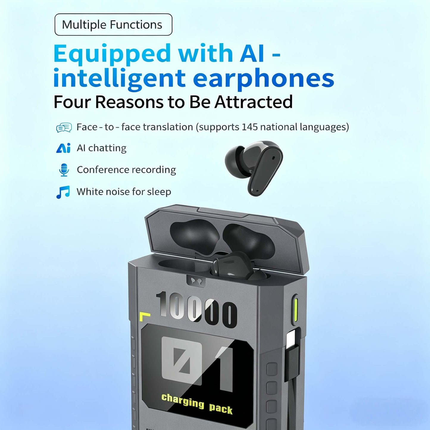 AI Language Translator Earbuds, Real-Time Voice Translation in 145 Languages, Bluetooth Wireless Translator Device for Travel, Business Meetings, Study & International Communication