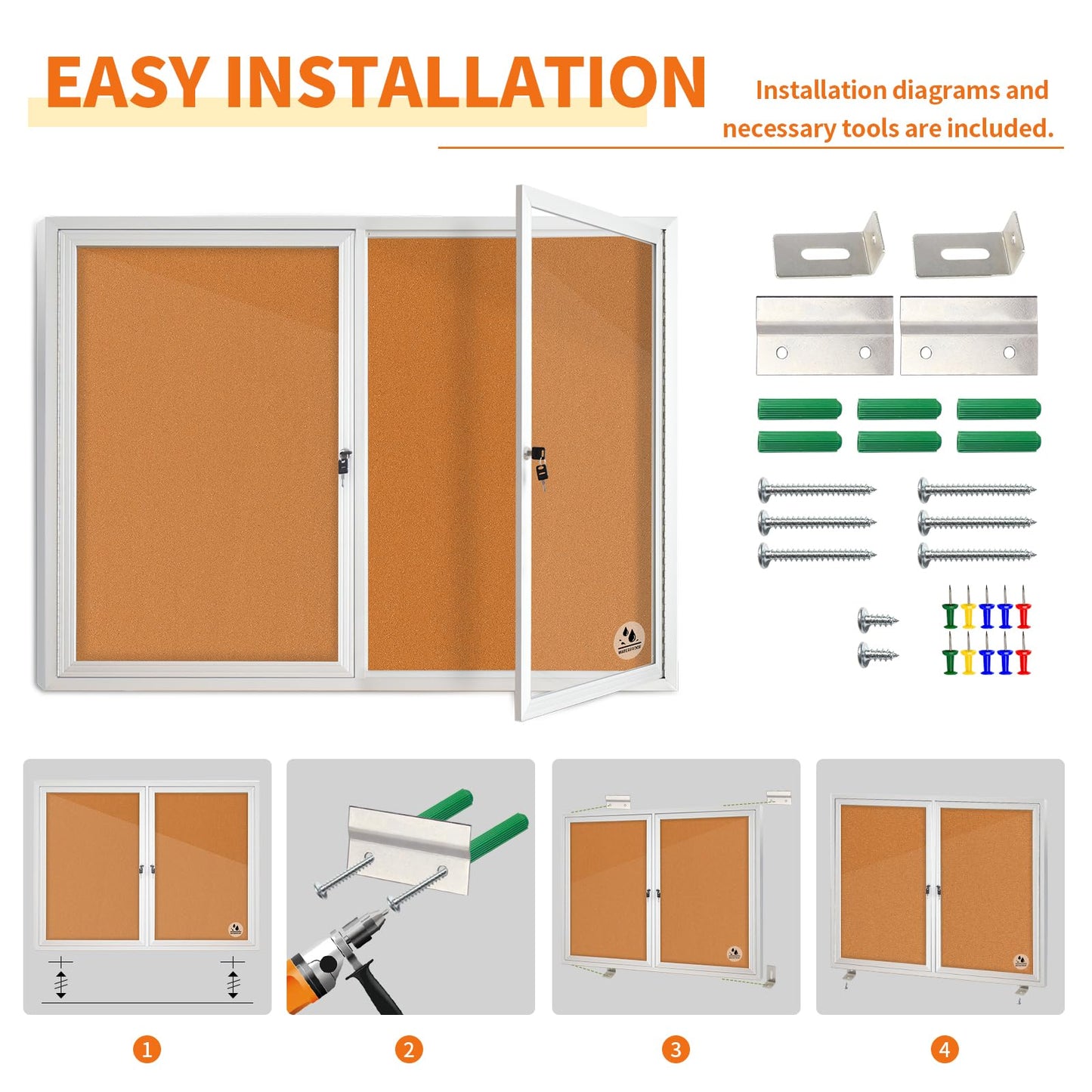 Lockable Outdoor Enclosed Bulletin Board, Weatherproof Cork Noticeboard with Locking Door, Wall-Mounted Aluminum Framed Display Case for Messages (Silver Frame & Cork, 44x32 in)