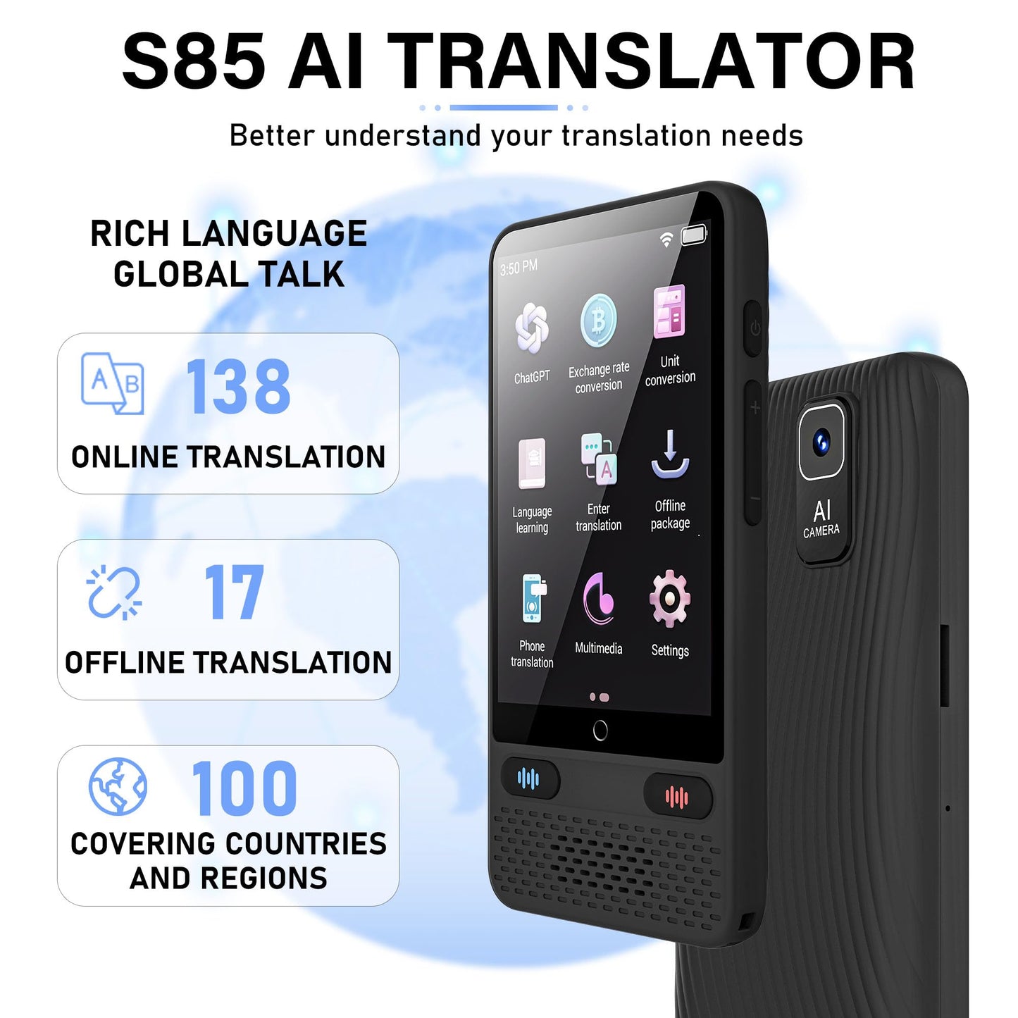 Language Translator Device,2024 Latest Two-Way Language Translator in 138 Languages, Online/Offline/AI/Voice/Photo Translation, Standy 240H, Portable Instant Translator for Business,Study & Travel