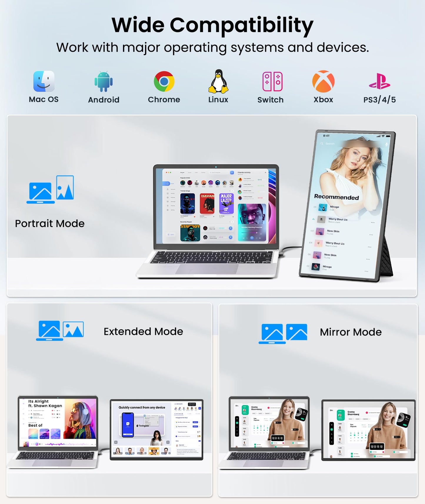 Orfibz Portable Monitor, 16" 1200P FHD Laptop Screen Extender, Detachable Horizontal/Vertical Monitor, Plug & Play Dual Travel Monitor Build-in Speaker for Laptop/Mac/Windows