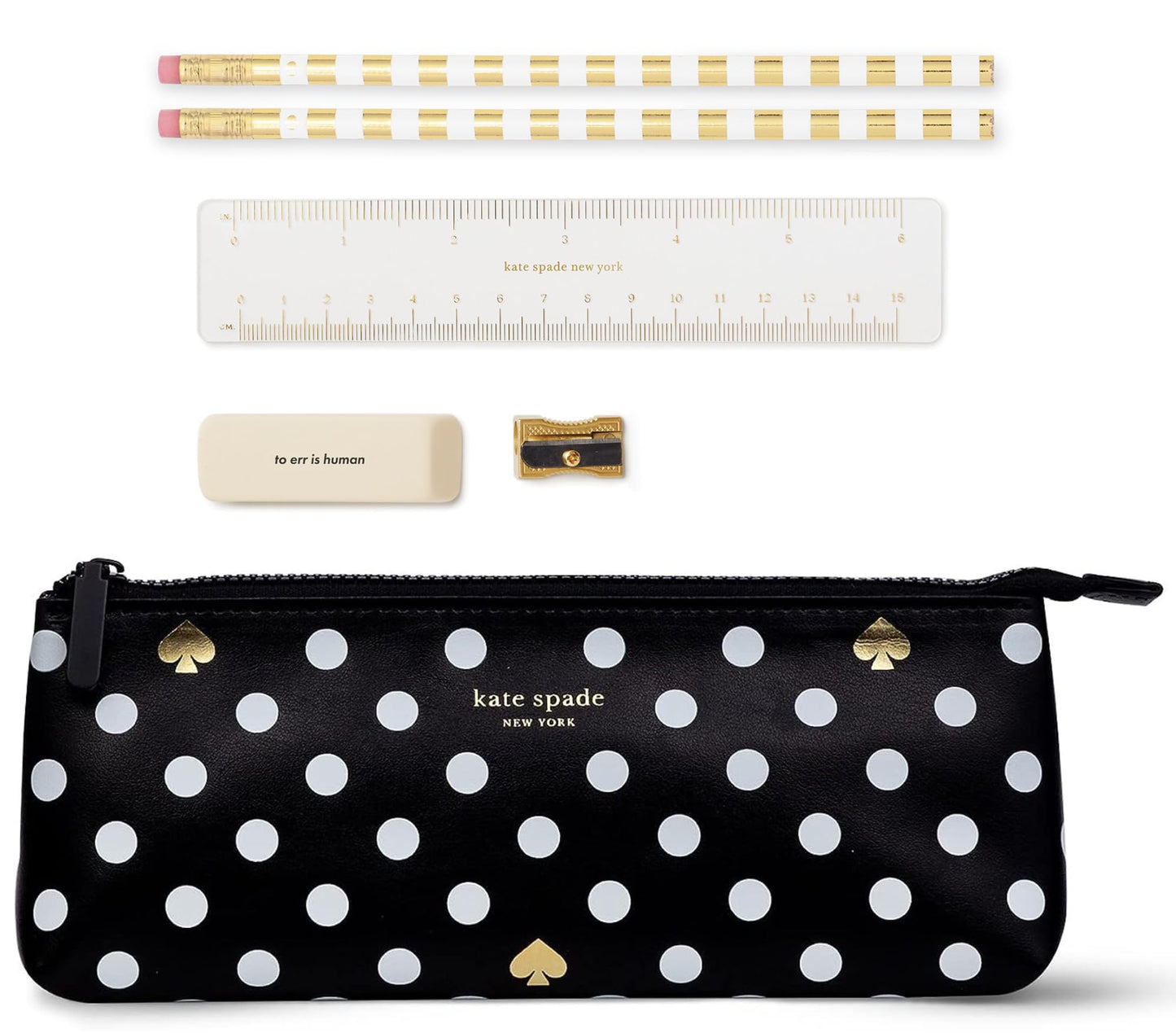 kate spade new york Pen and Pencil Case with Office Supplies, Zip Pouch Includes 2 Pencils, Sharpener, Eraser, and Ruler, Polka Dots (black/white)