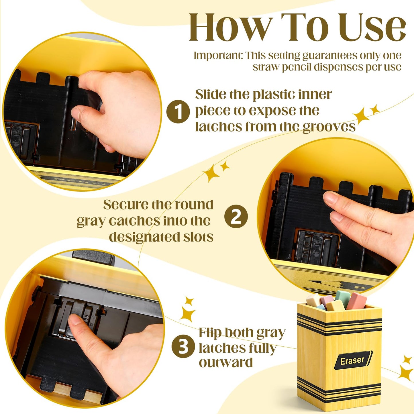 Gueevin 2pcs Pencil Dispenser for Classroom, Fun Desk Organizer with Eraser Holder, Interactive Pencil Storage for Teachers, Students & Homeschool Desk Organizer, Back to School Supplies(Yellow)