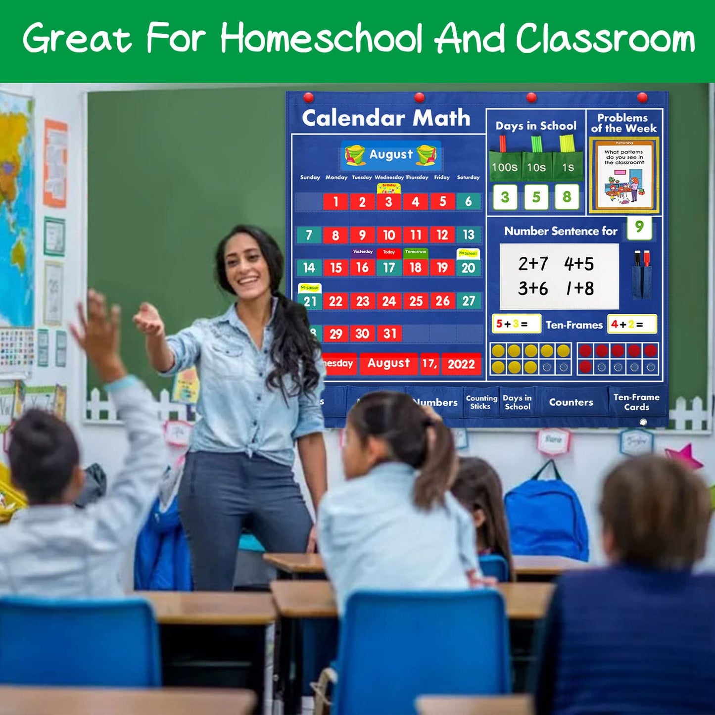 Boczif Daily Math Calendar Classroom Pocket Chart, Math Activities Educational Pocket Chart Teaching Calendar All About Number Activities for Counting, Problem –Solving, Elementary and Pre-school