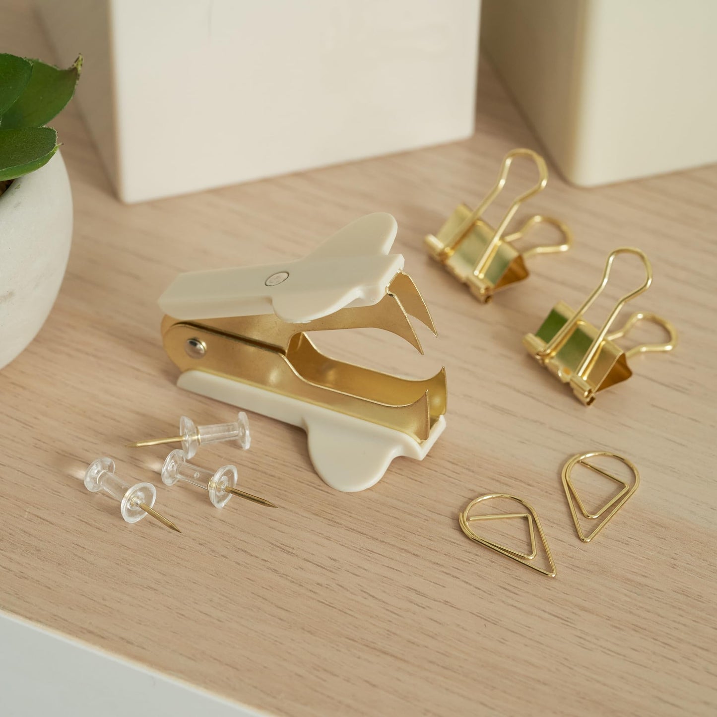 Aesthetic Desk Accessories Set - A Complete Desktop Organizer Set For Women Enhances Any Office Decor - An Office Supplies Kit w Gold Finish incl. Pen Holder, Scissors, Stapler, Tape Dispenser & More