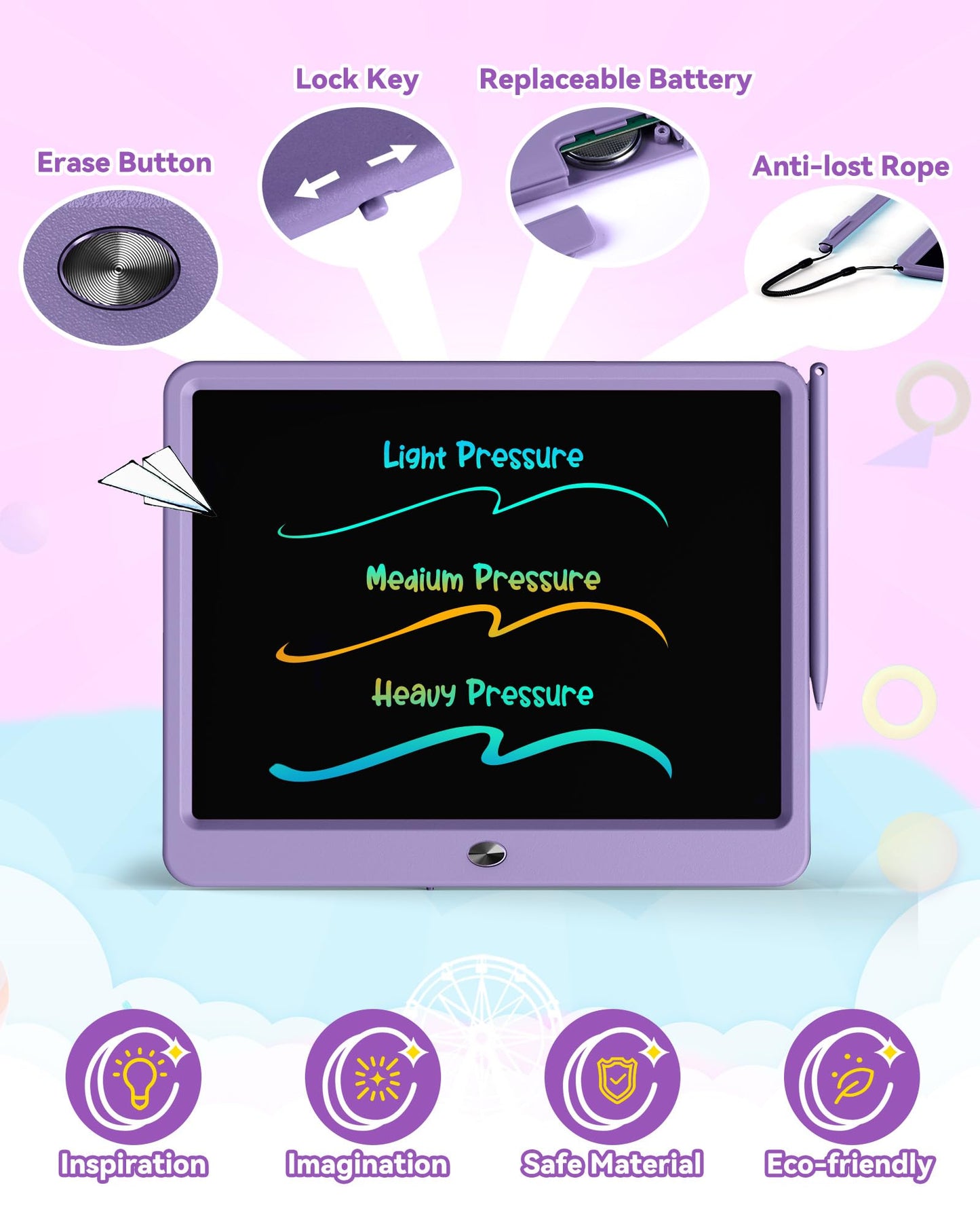 KOKODI 12 Inch LCD Writing Tablet with Anti-Lost Stylus Erasable Doodle Board Colorful Toddler Drawing Pad Car Travel School Games Toys for 3 4 5 6 7 8 Kids Birthday Gift for Girls Boys Adults Purple