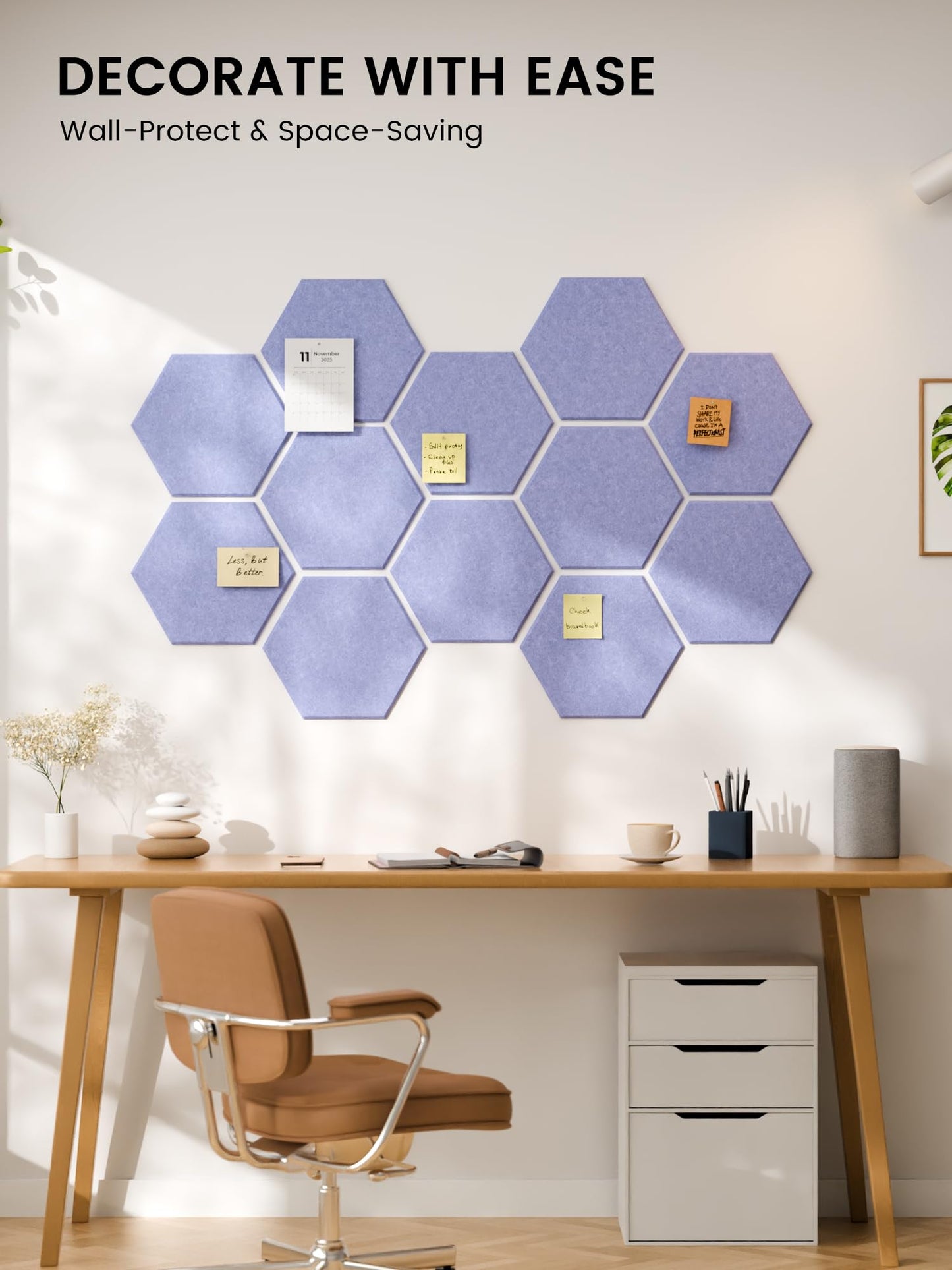 Fluxynara Hexagon Cork Board Alternative for Walls Decor-12-Pack Felt Bulletin Board Tiles,with 30 Pushpins,70 Adhesive Tabs for Office,Classrooms & Home Pin Board Felt Board-Soft Periwinkle