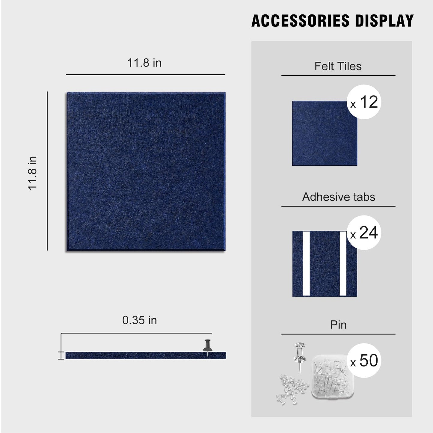 TSJOFFICE Large Cork Board for Wall - 48" x 36" Bulletin Board with 50 Pushpins for Office Decor, Pin Board 12 Pack Felt Wall Tiles with Safe Removable Adhesive Tabs, Corkboard for Home - Navy Blue