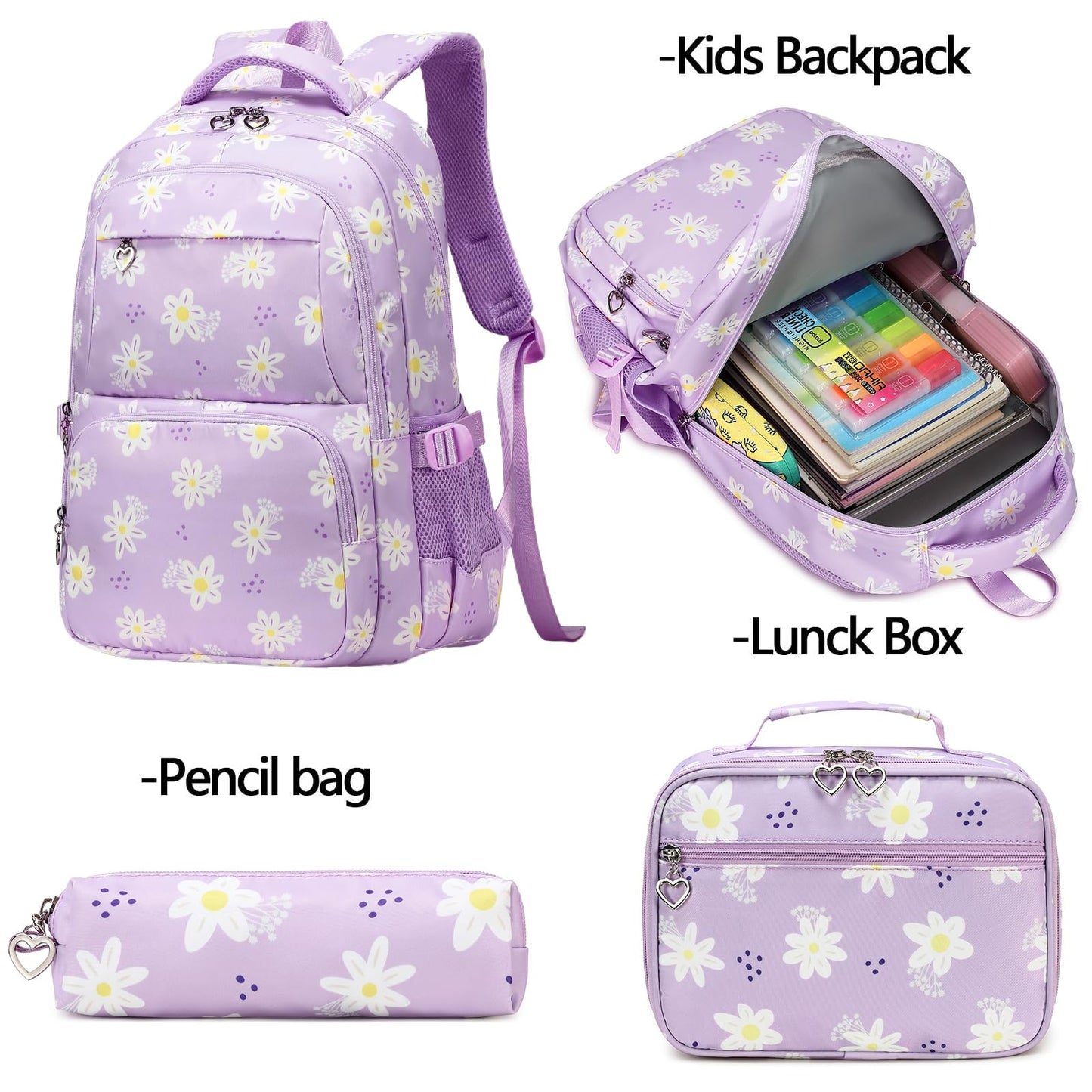 Sugaroom Daisy Prints School Backpack for Girls Backpack with Lunch Box Lightweight Water Resistant Kids Backpack Elementary Primary Middle School Bags Bookbags Set