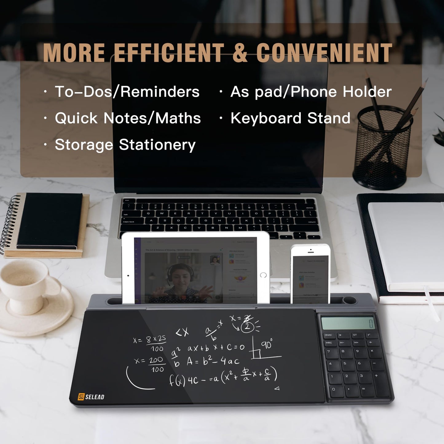 SELEAD Desktop Glass Whiteboard with Calculator, Organizer, Markers, Eraser, Holder - Black Dry Erase White Board Computer Pad Keyboard Stand for Home, School, Office Desk Cubicle Accessories