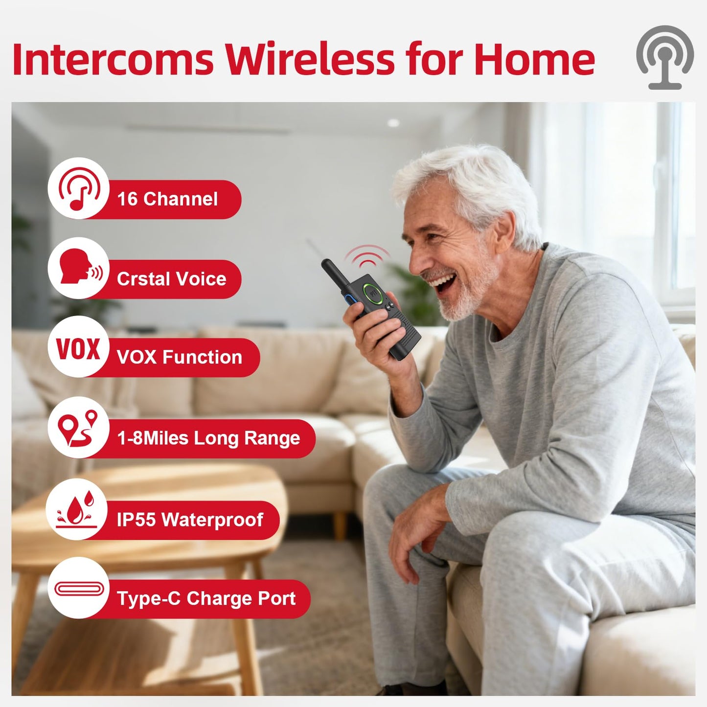 CallToU Caregiver Pager Wireless Alert Button Home Intercom System Long Range 2 Way Radio for Elderly/Patient/Pregnant/Home/Office