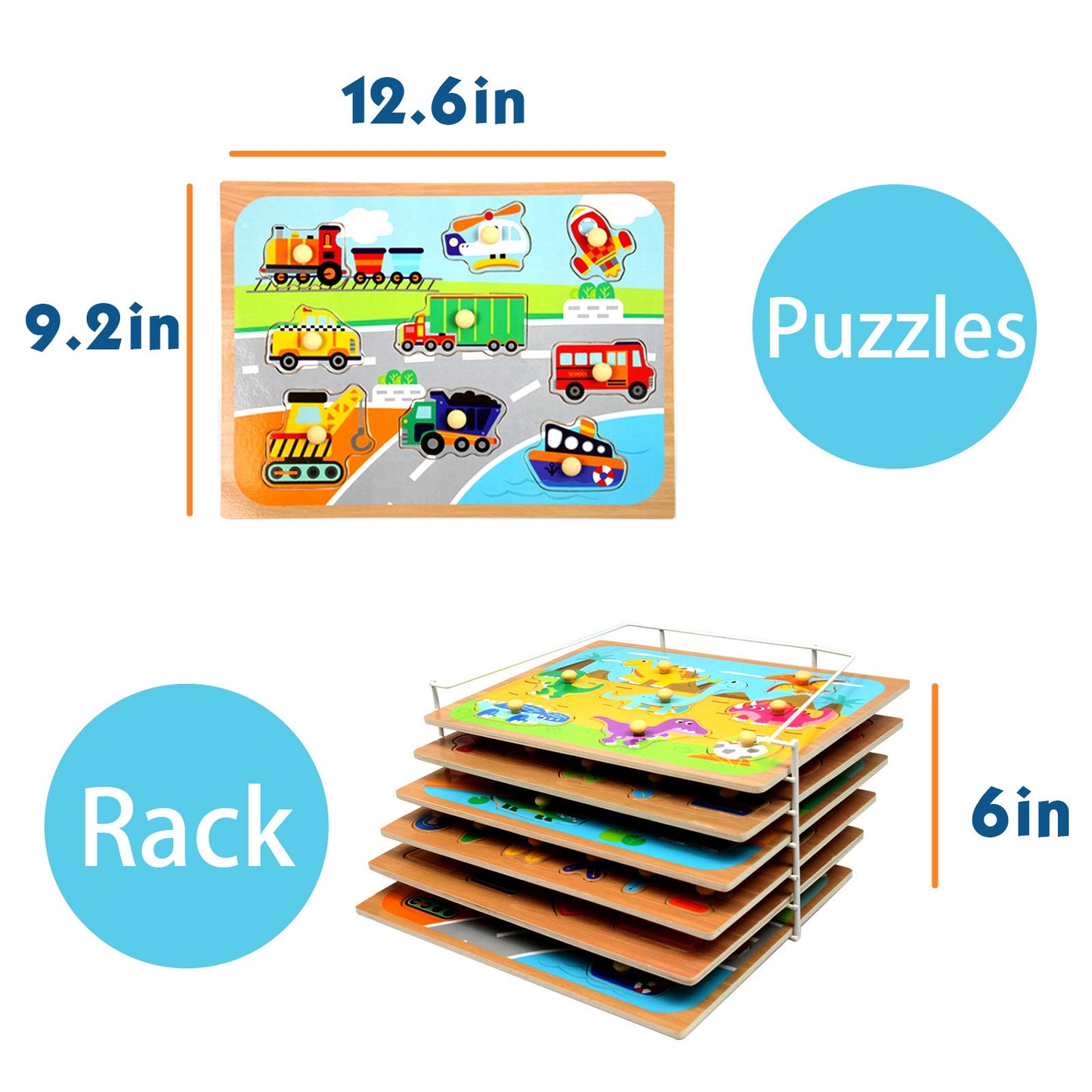 WOOD CITY Toddler Puzzles and Rack Set, Wooden Peg Puzzles Bundle with Storage Holder Rack, Educational Knob Puzzle for Kids Age 2 3 4 Years - Alphabet Number Shape Dinosaur Animal Vehicle