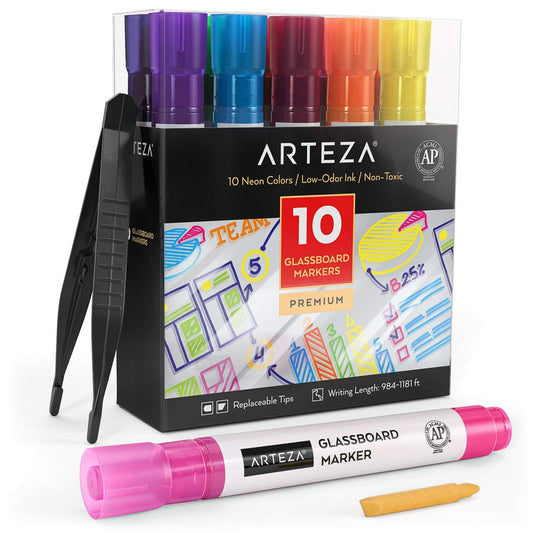 ARTEZA Glass Board Markers, Pack of 10 Neon Colors for Whiteboards, Mirrors, and Windows, Erasable Dry Erase Markers, Office and School Supplies
