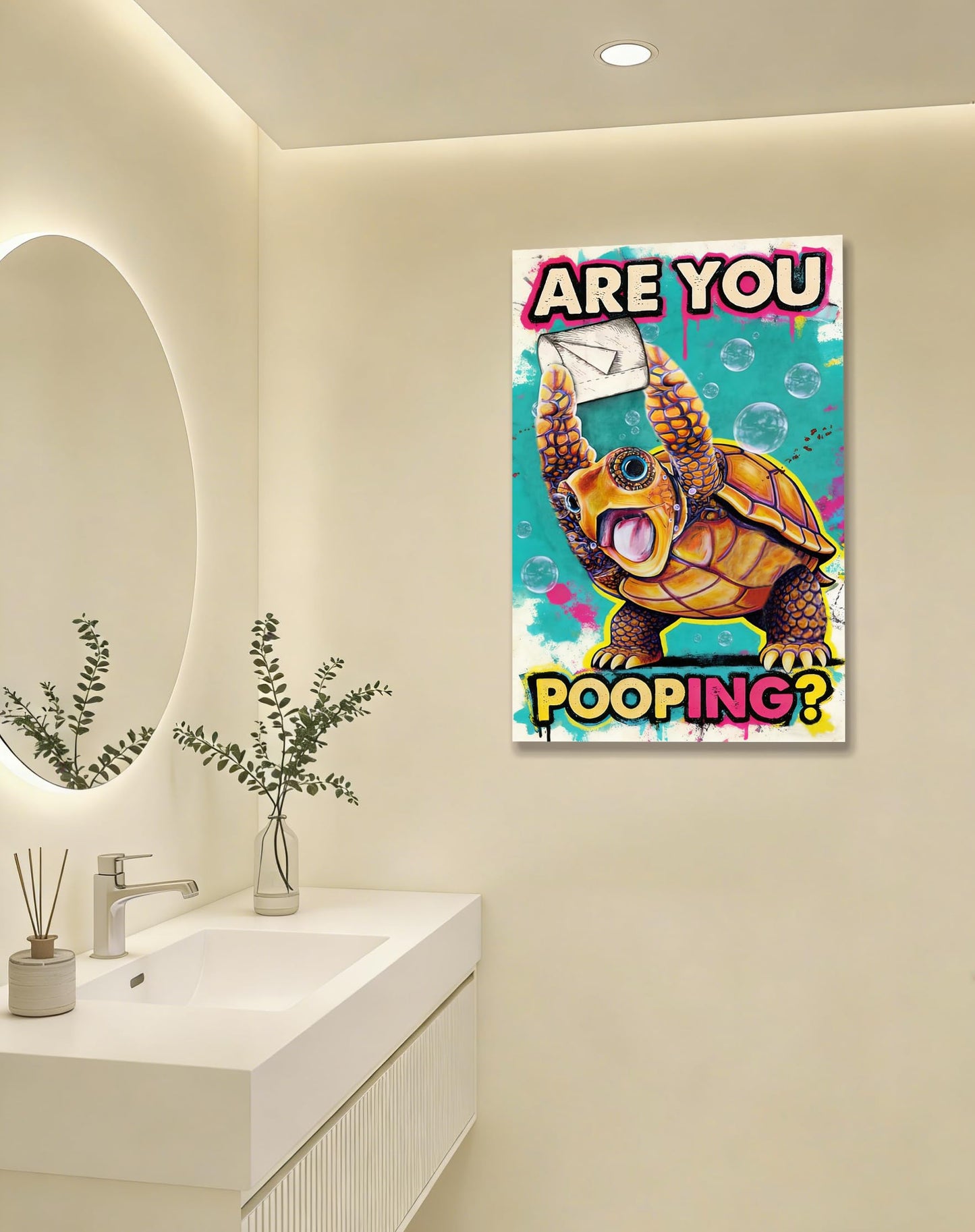 Funny Turtle Bathroom Wall Art Painting, Are You Pooping? Graffiti Humor Canvas Print, Teal Pop Art Bathroom Poster Decor, 16x24 Inch Framed Wall Picture for Bathroom Restroom Toilet Washroom
