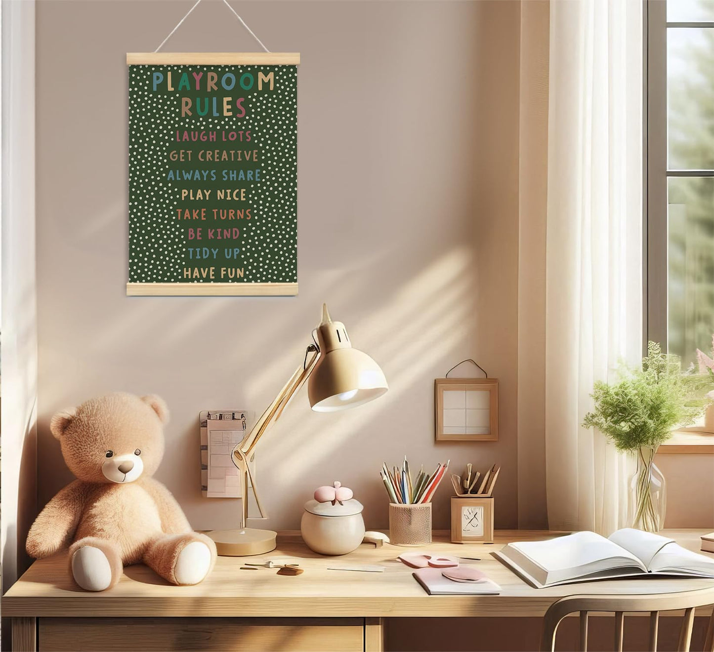 Playroom Kids Tollder Room Wall Decor, Play Room Rules Wall Decor for Kids Play Game Room Bedroom Nursery Home School Playroom Essentials, Canvas Hanging Banner Wood Poster Frameds(dark green)