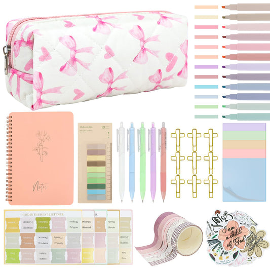 DRANSMIC Bible Study Supplies Journaling Kit with Pen Cas, Tabs, Notebook and No Bleed Highlighter, Aesthetic Book Annotation Kit, Christian Gifts for Women Grils Friends (Pink Pow)