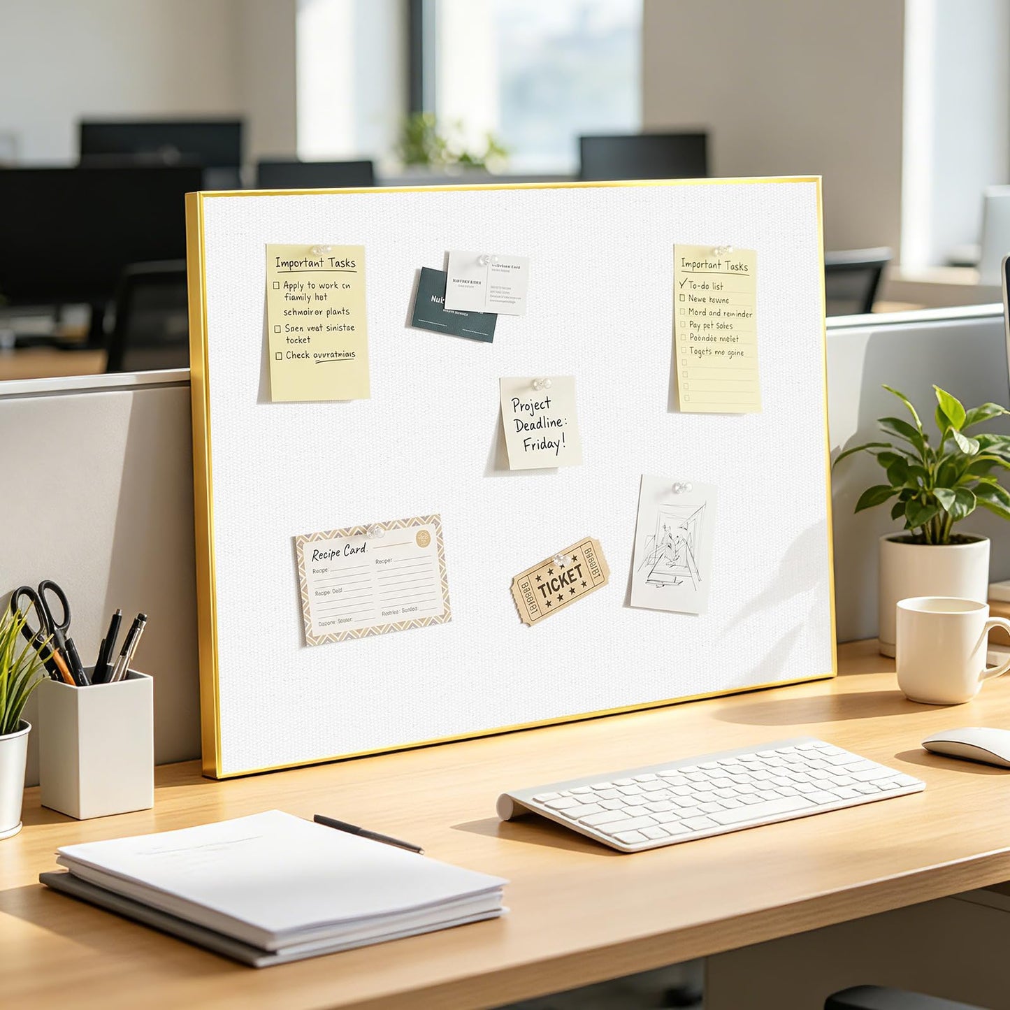 QUEENLINK Linen Bulletin Board 36" x 24", White Fabric Pin Board with Gold Aluminum Frame, Decorative Vision Board for Home Office, Bedroom & Dorm Wall Decor, Includes 10 Push Pins