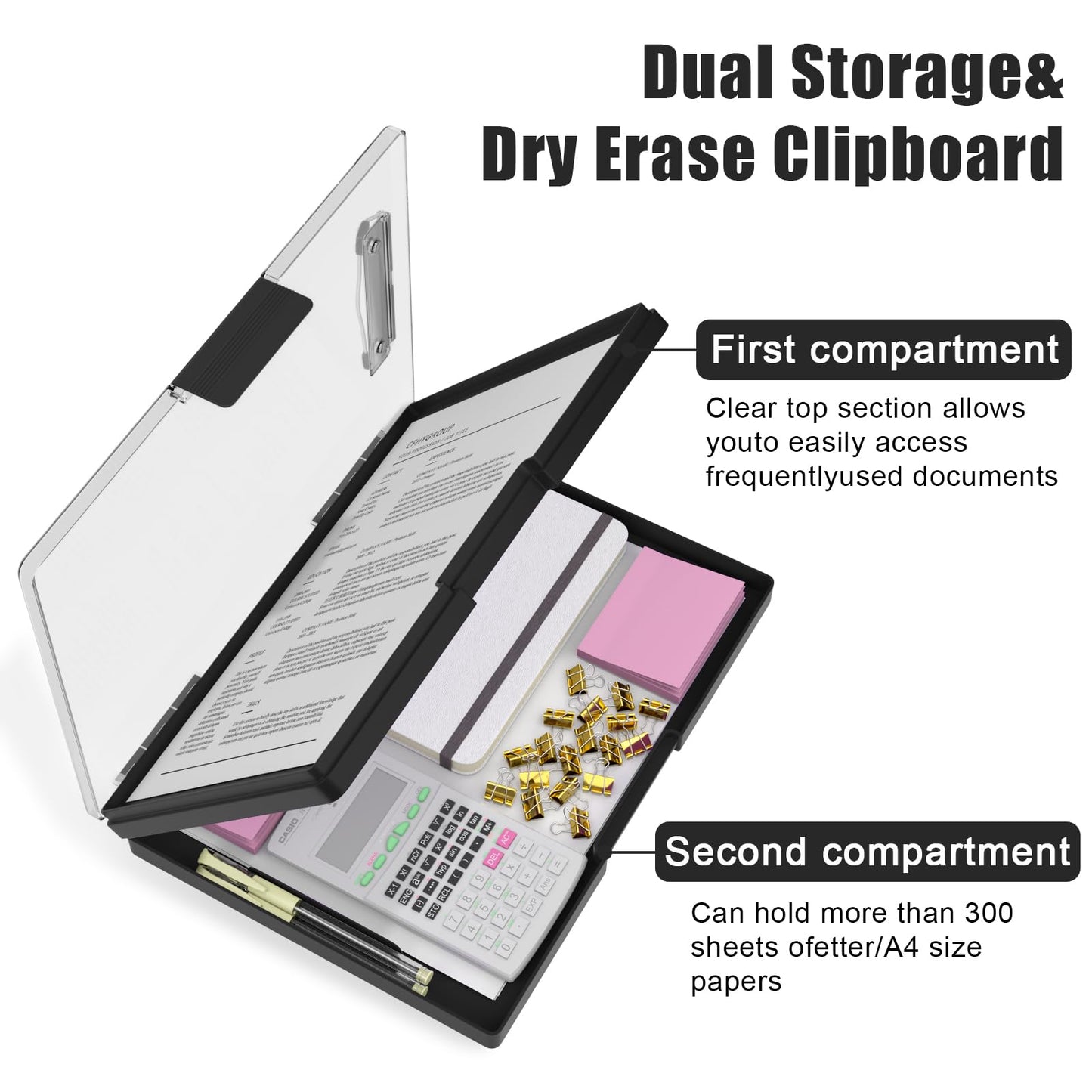 Hongri Clipboard with Storage, Black 8.5 x 11 Folder Nursing Side Opening, Heavy Duty with Dual Compartment, Smooth Writing for Teachers, Classroom, Size 13.3 x 9.4 x 1.5 in, Office & School Supplies