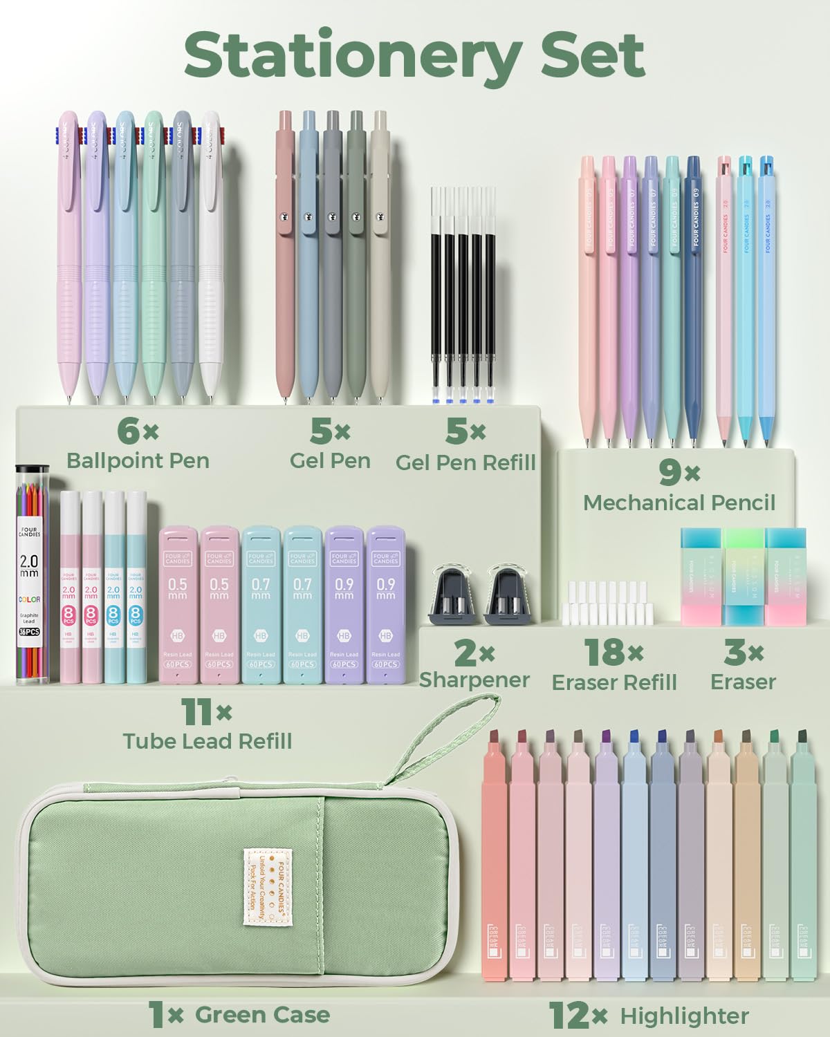 Four Candies 56 PCS Stationery Set, Cute Organizer with Supplies, 6 Multicolor Pens, 12 Pastel Highlighters, 5 Gel Pens Black Ink, 9 Mechanical Pencils for College Essentials Stuff (Green)
