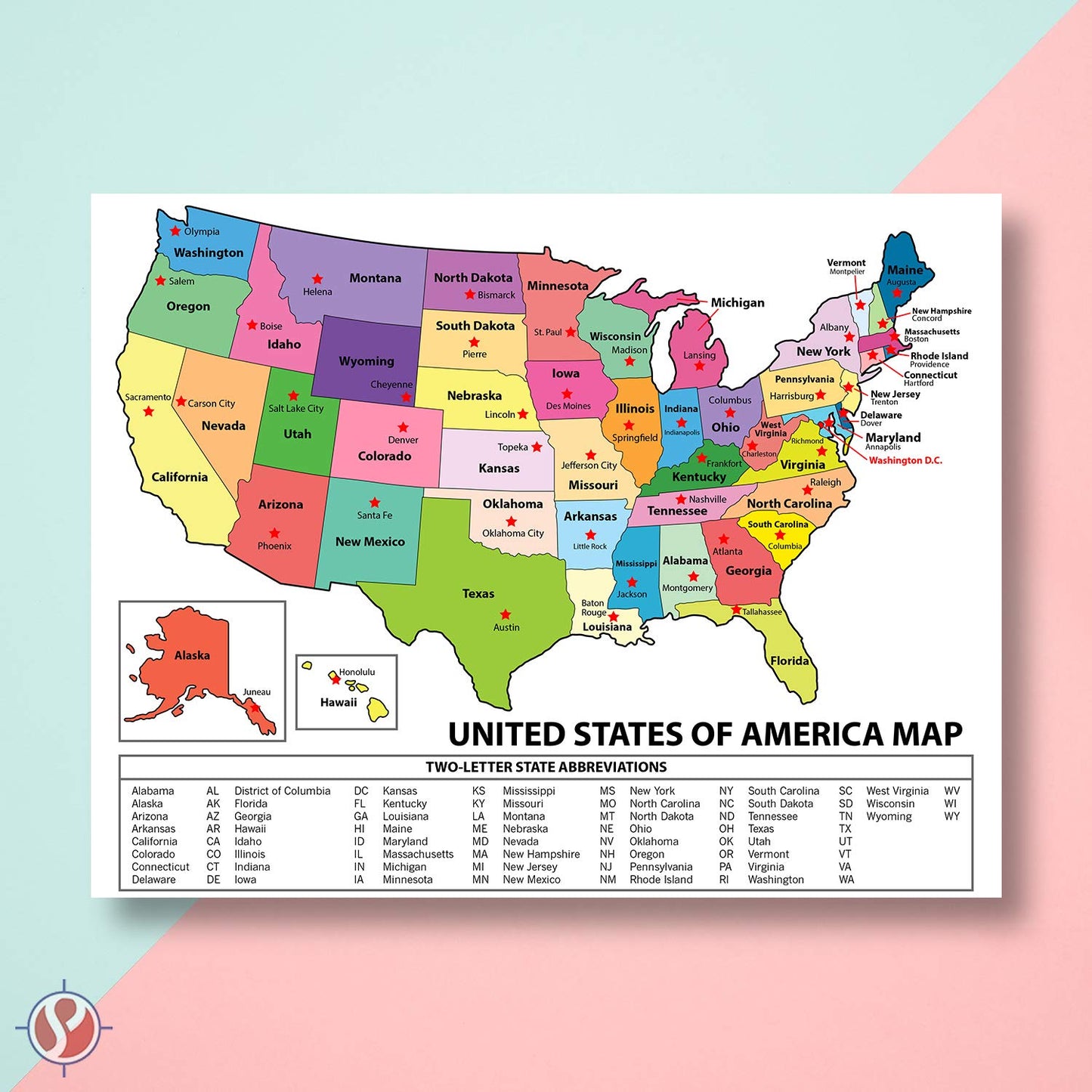 United States Map - USA Poster, US Educational Map - With State Capital - for Ages Kids to Adults- Home School Office - Printed on 12pt. Glossy Card Stock | Bulk Pack of 10 | 8.5 x 11 Inches