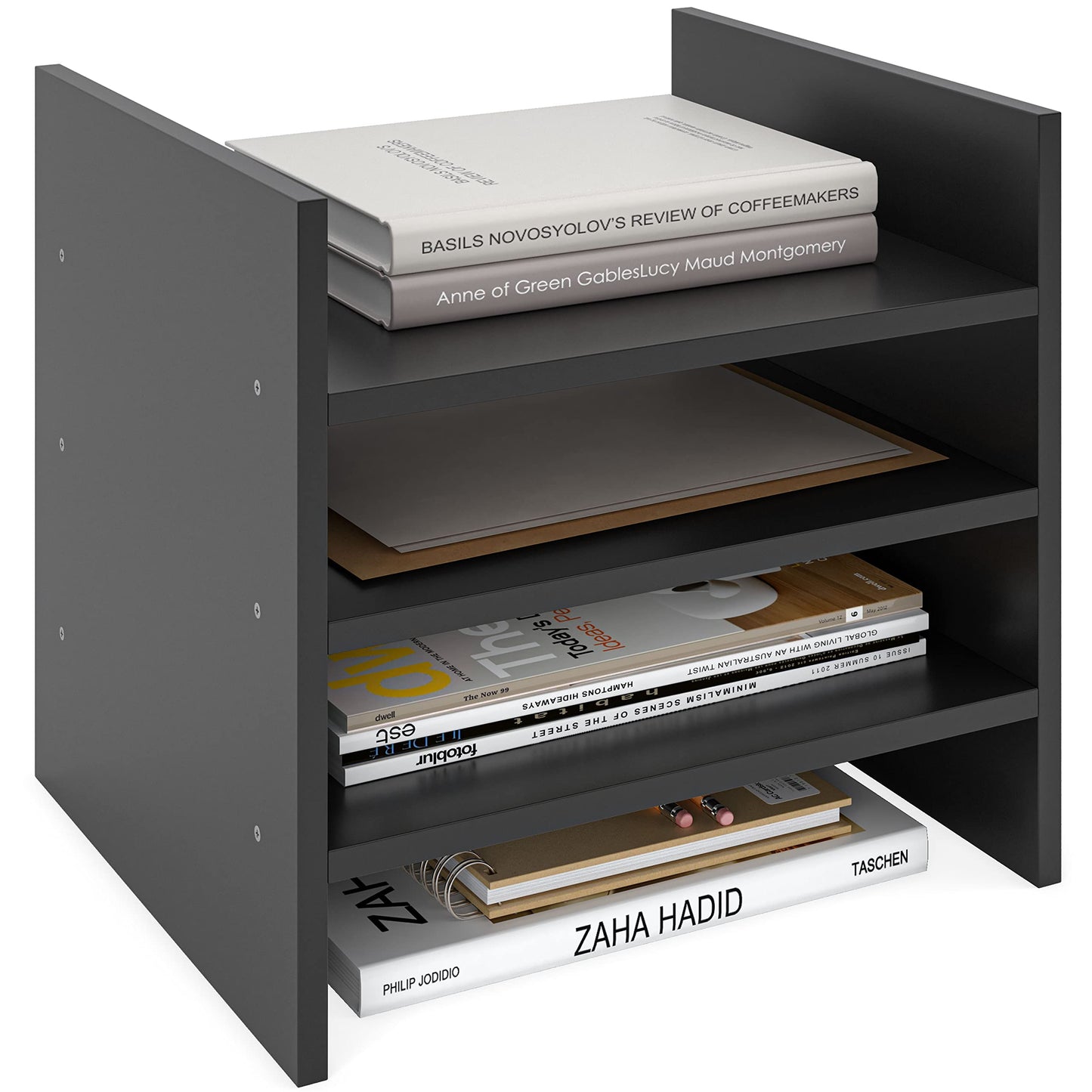 Ballucci 4-Tier Paper Sorter and File Organizer for Desk, Wood Mail Sorter, Fits into IKEA Kallax and ClosetMaid Cube Storage Shelves, Paper Tray, Mail Holder Stand for Classroom, Office, Black