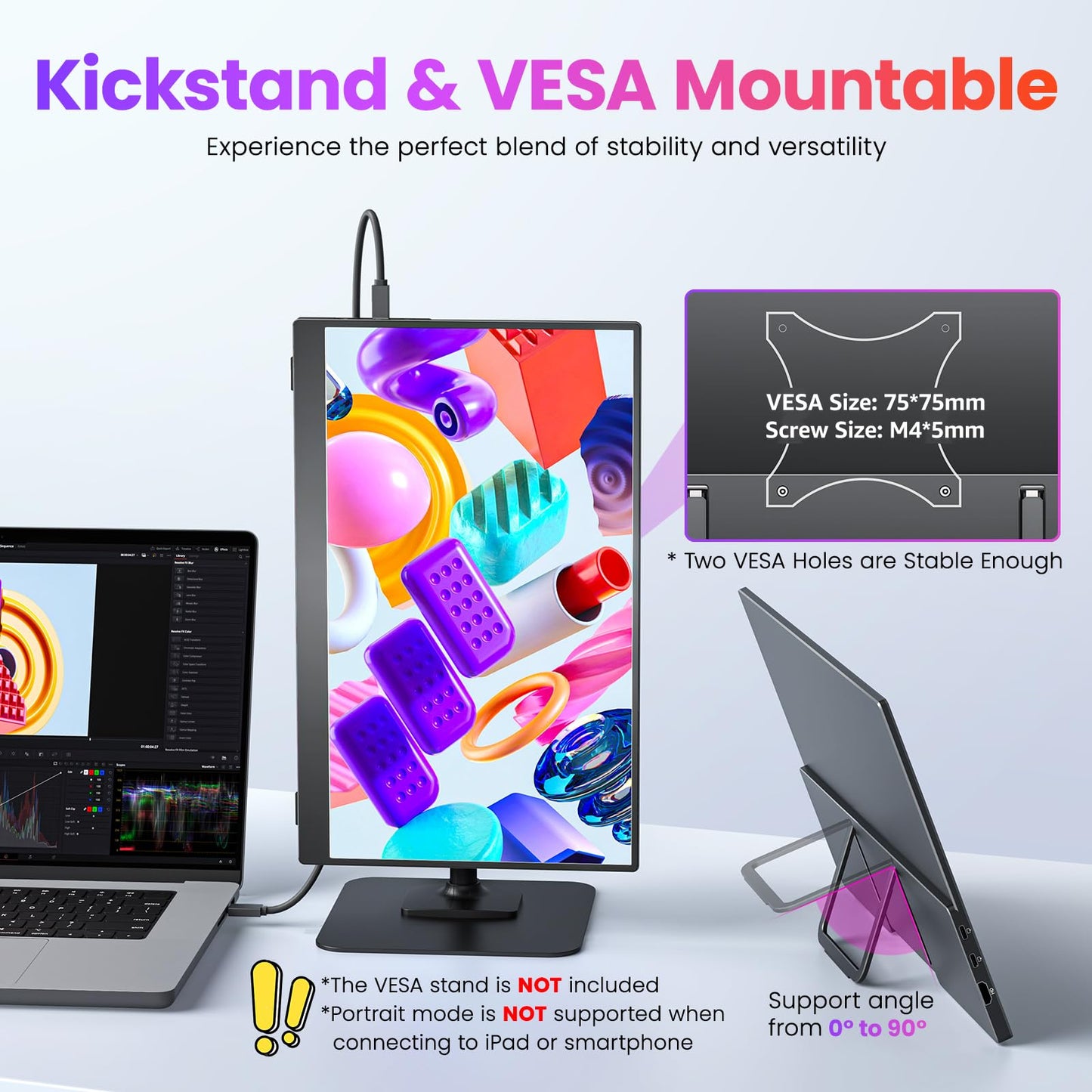 Upperizon Portable Monitor 15.6 inch FHD 87% sRGB 60Hz IPS HDR HDMI USB-C Travel Monitor for Laptop MacBook PC Surface PS5 Xbox, External Display with Kickstand & Speakers, VESA Compatible